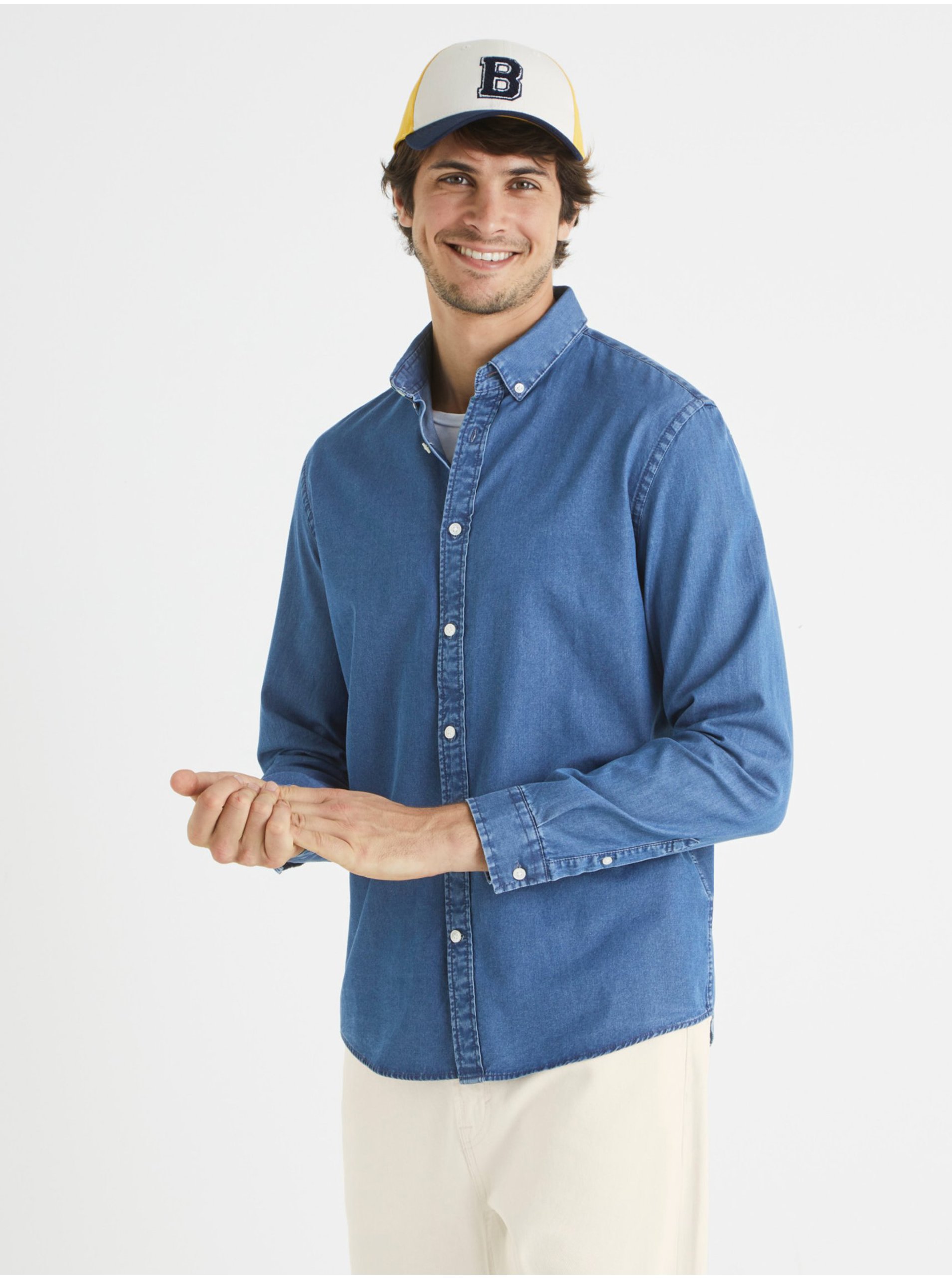Levně Modrá pánská džínová košile Celio Baden
