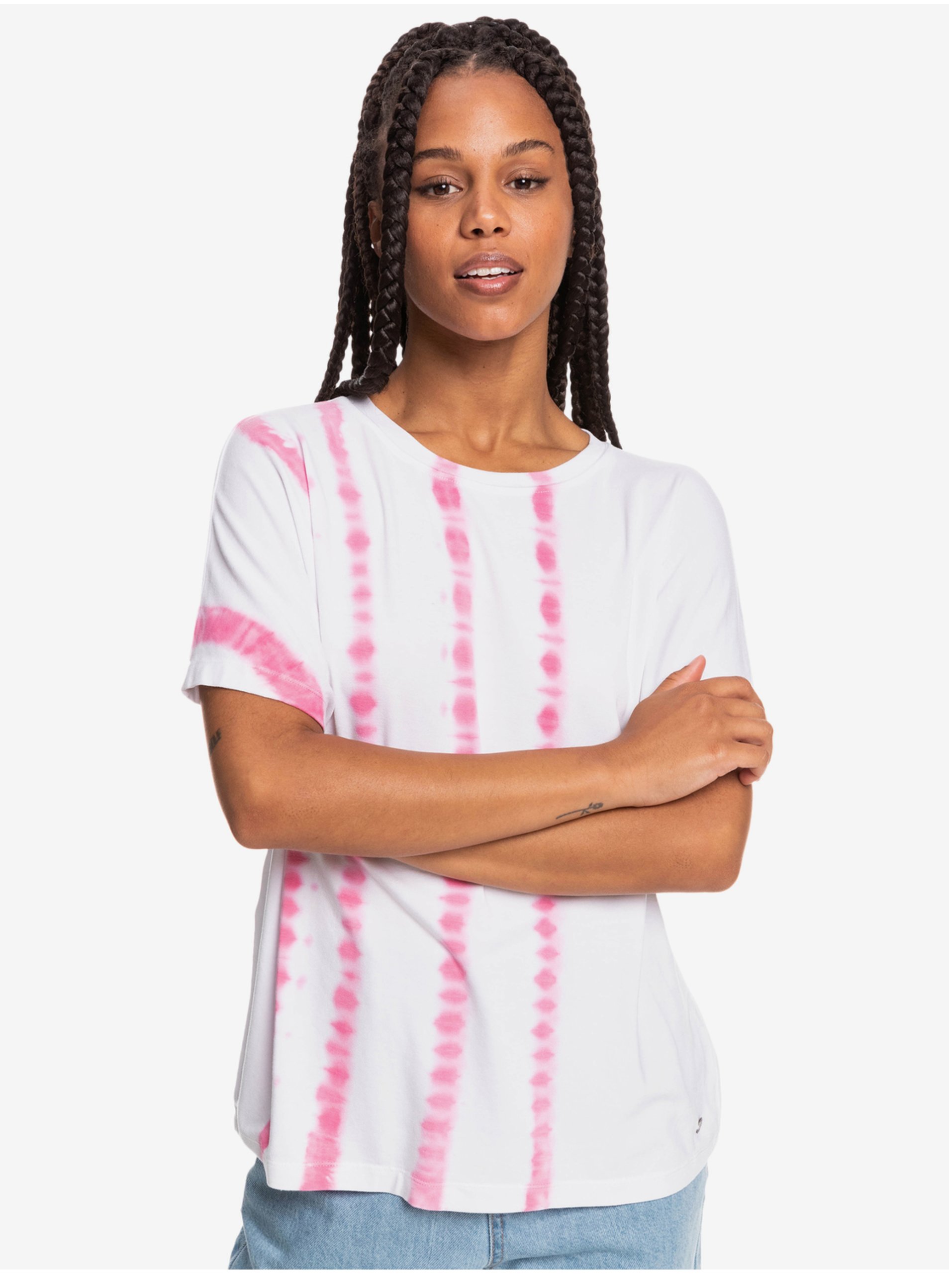 Lacno Ružovo-biele dámske vzorované tričko Roxy Over The Rainbo