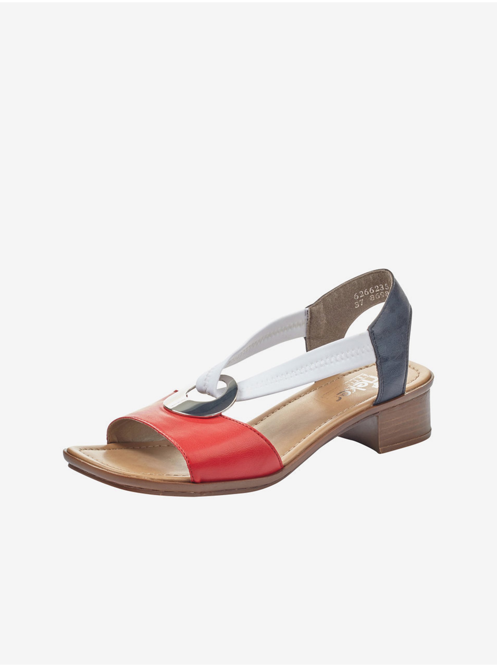Levně Červeno-bílé dámské sandály na podpatku Rieker
