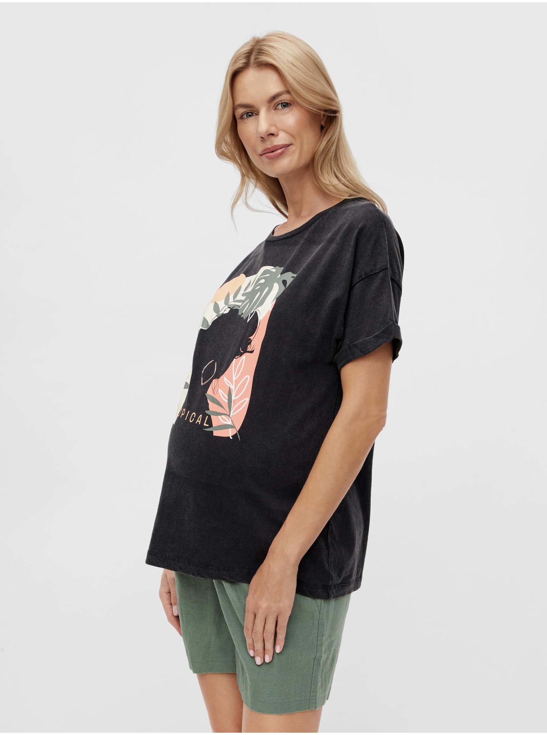 Lacno Čierne tehotenské tričko s potlačou Mama.licious Tropicana