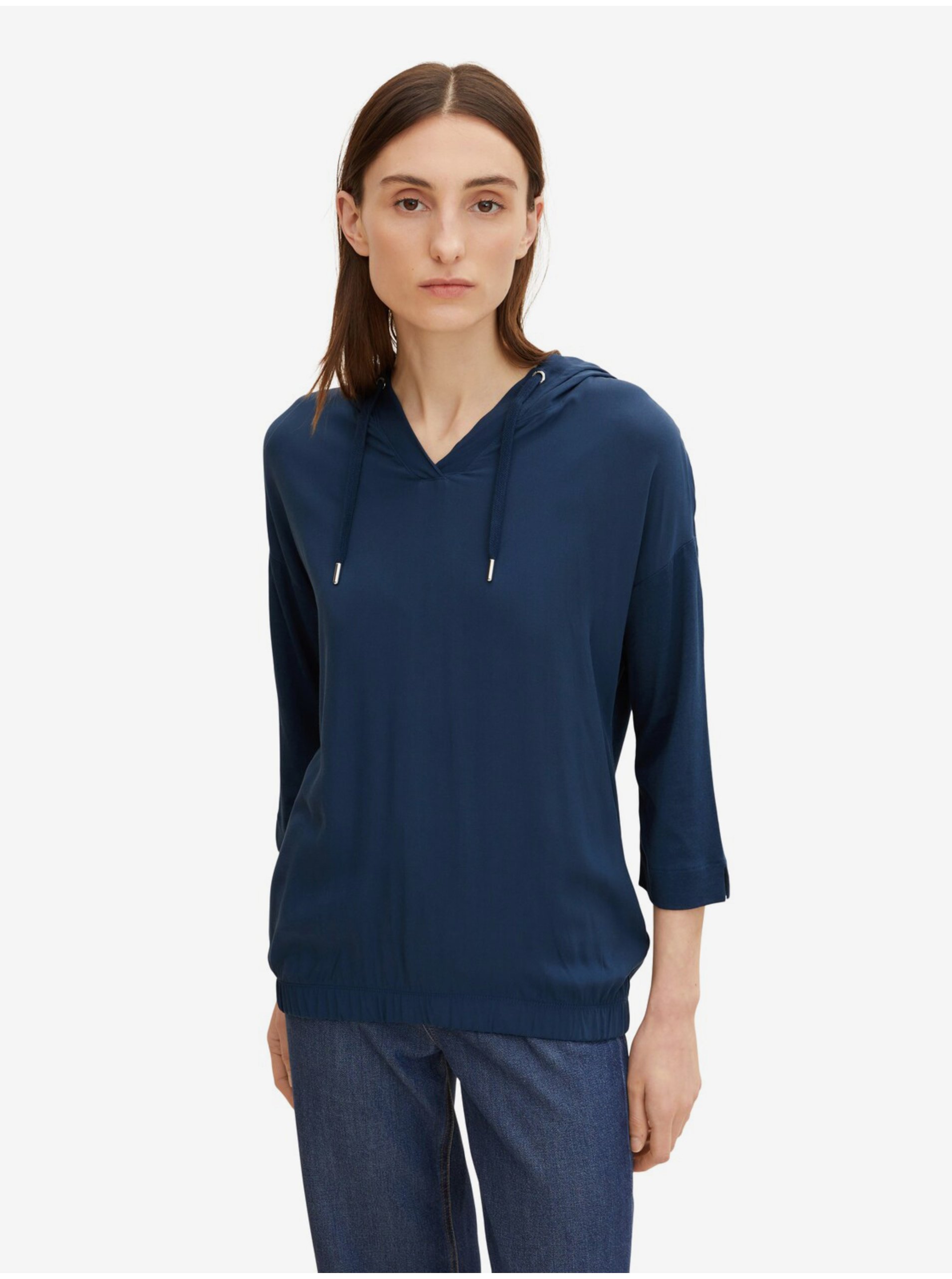 Levně Tmavě modré dámské tričko s kapucí Tom Tailor