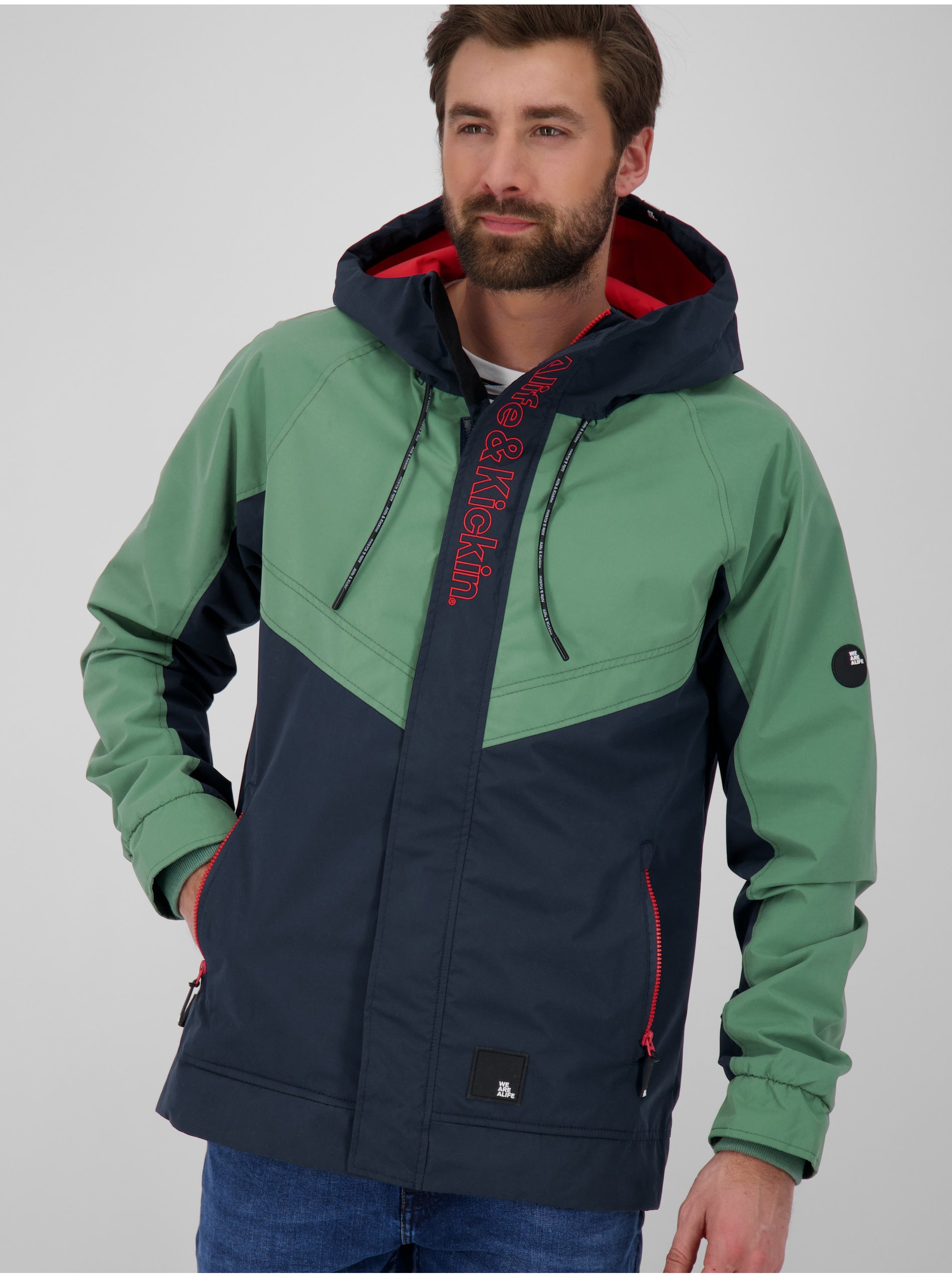 E-shop Zeleno-modrá pánska bunda s kapucňou Alife and Kickin