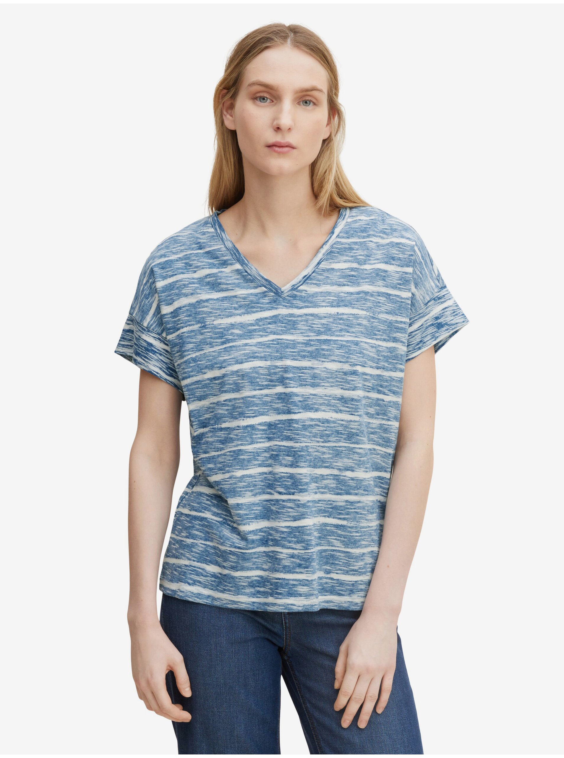 Levně Modré dámské pruhované tričko Tom Tailor