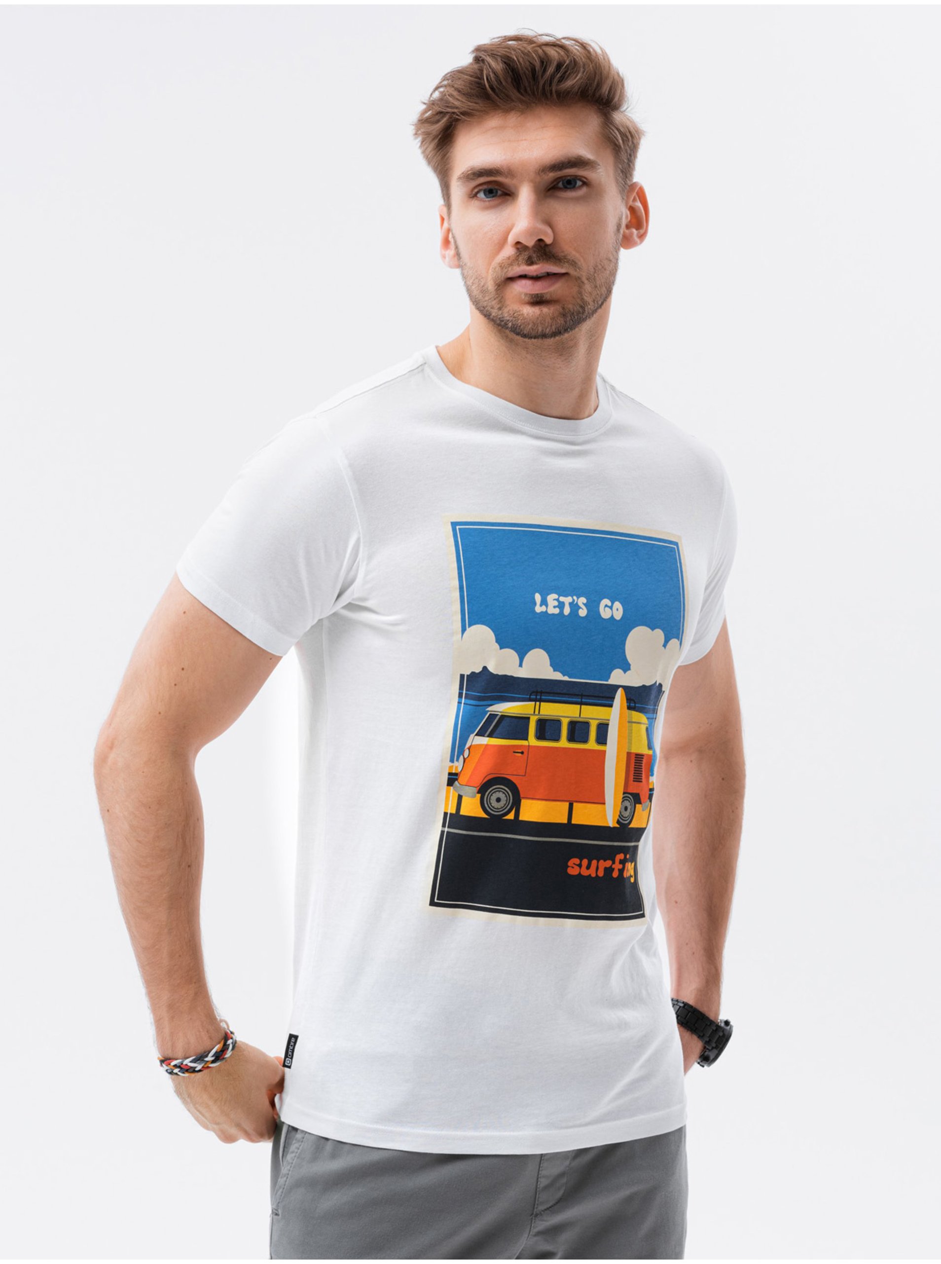 E-shop Bílé pánské tričko s potiskem Ombre Clothing S1434 V-8A
