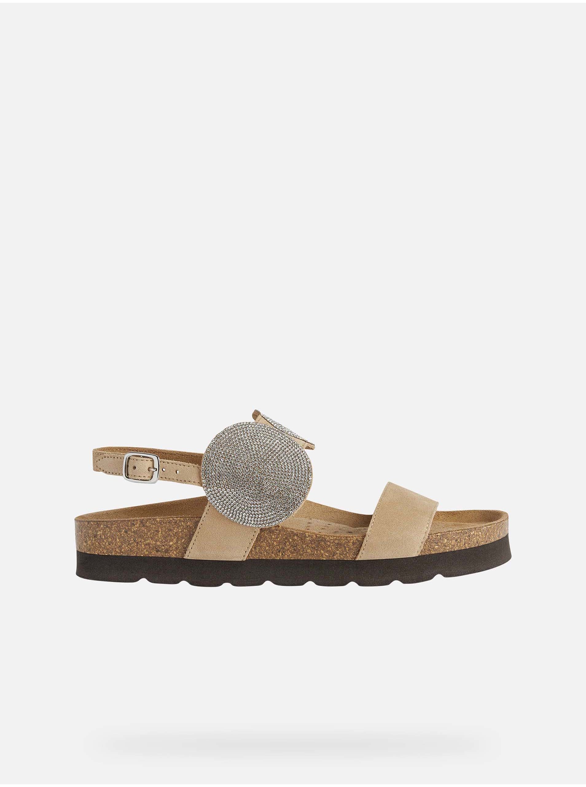 Levně Béžové dámské kožené sandály s ozdobnými detaily Geox Brionia