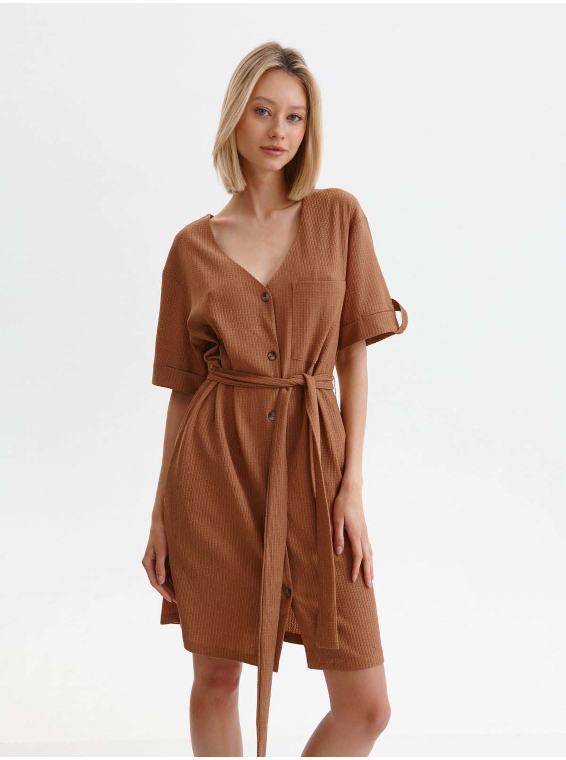 E-shop Hnedé rebrované krátke košeľové šaty so zaväzovaním TOP SECRET