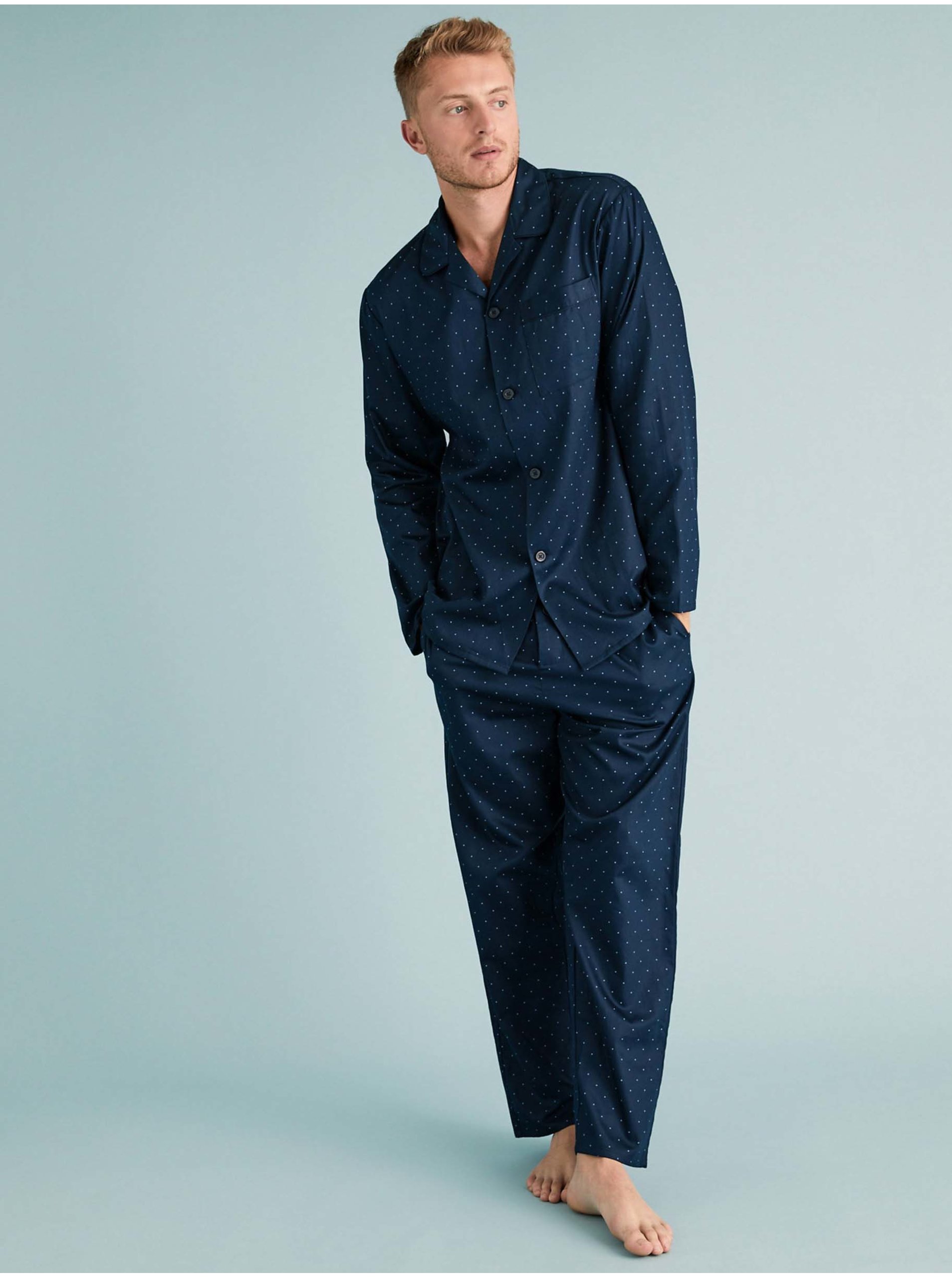 E-shop Bodkovaná pyžamová súprava z čistej bavlny Marks & Spencer námornícka modrá