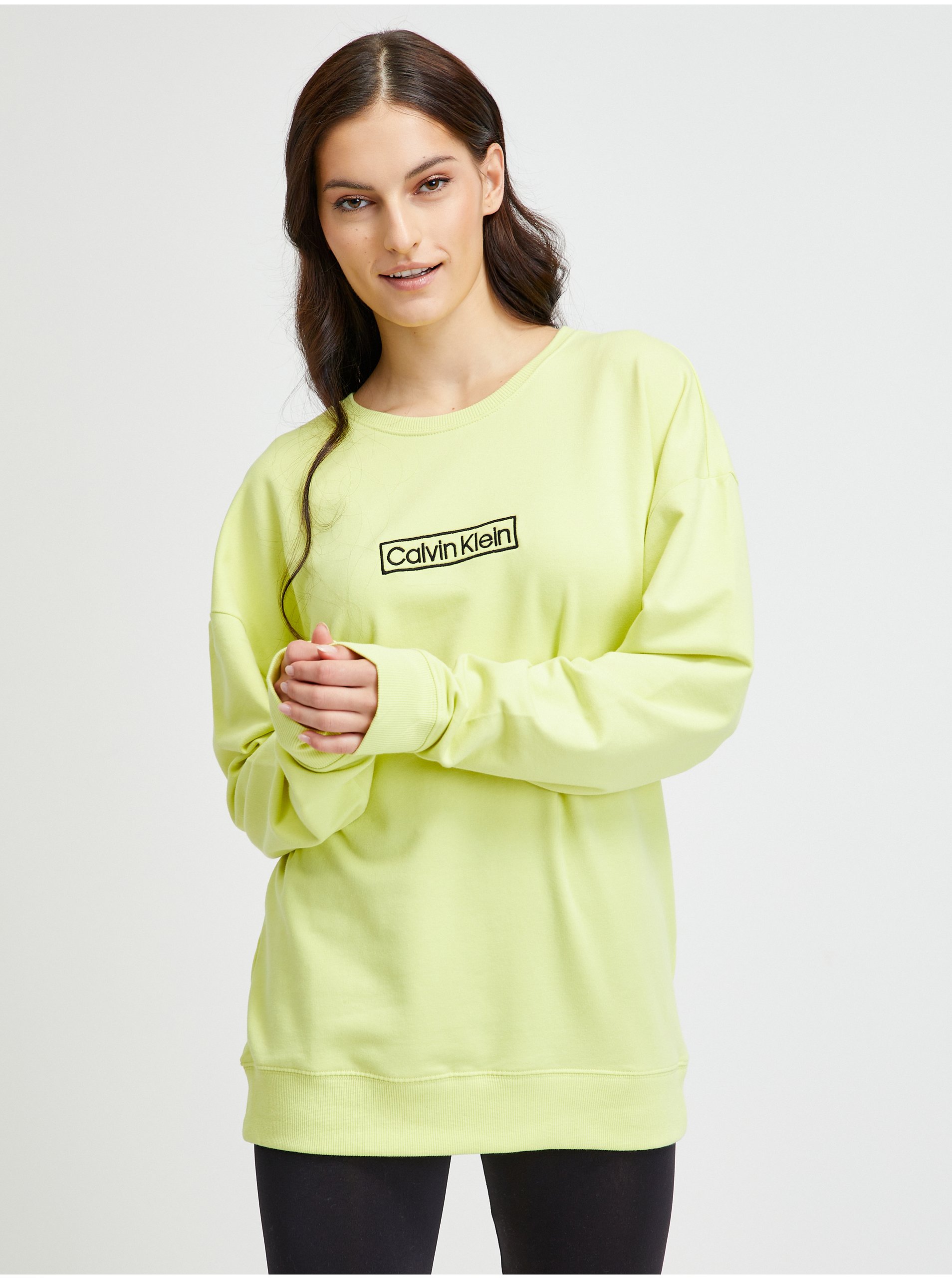 Levně Neonově zelené dámské tričko s dlouhým rukávem Calvin Klein Jeans