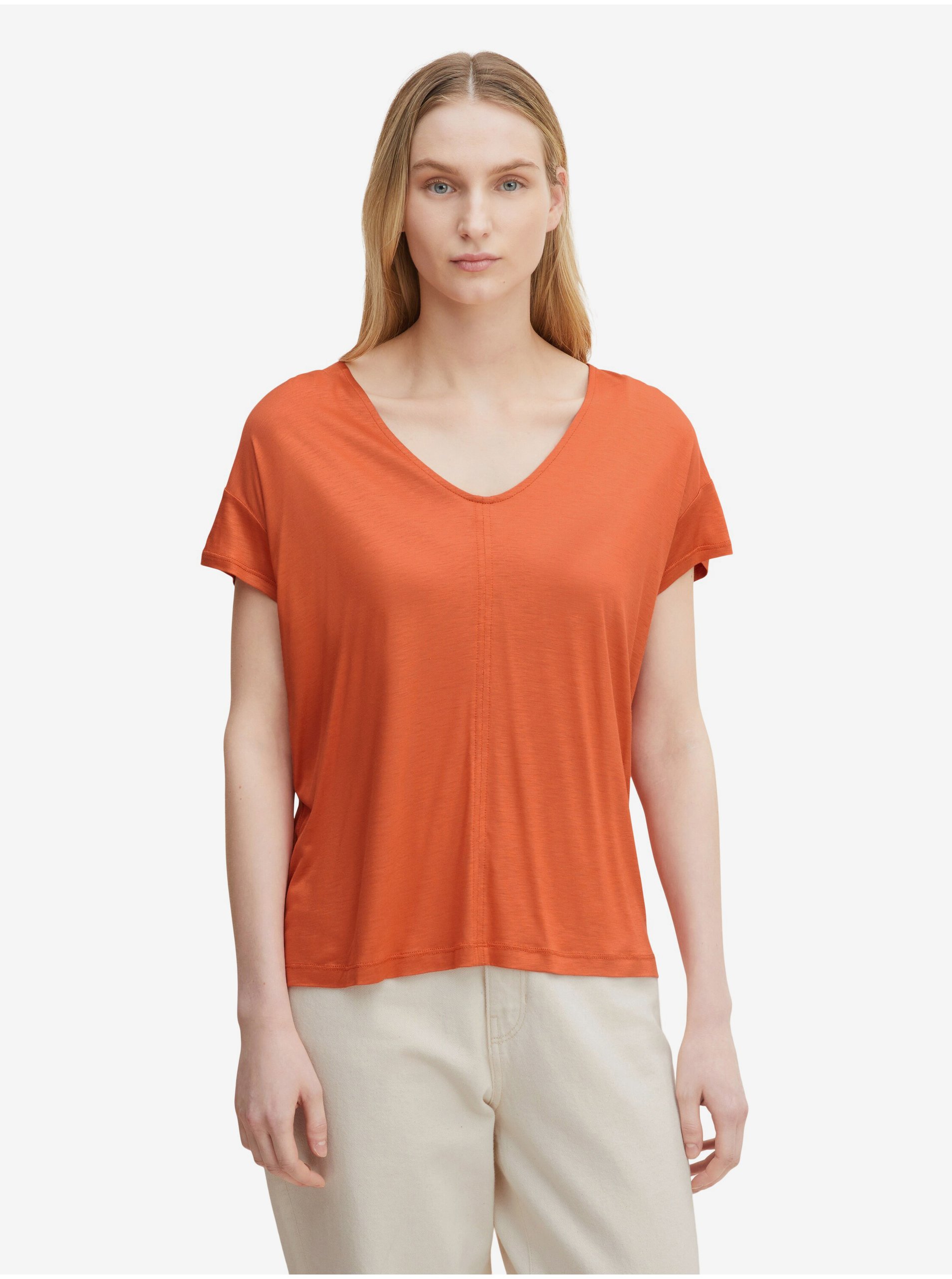 Levně Oranžové dámské basic tričko Tom Tailor