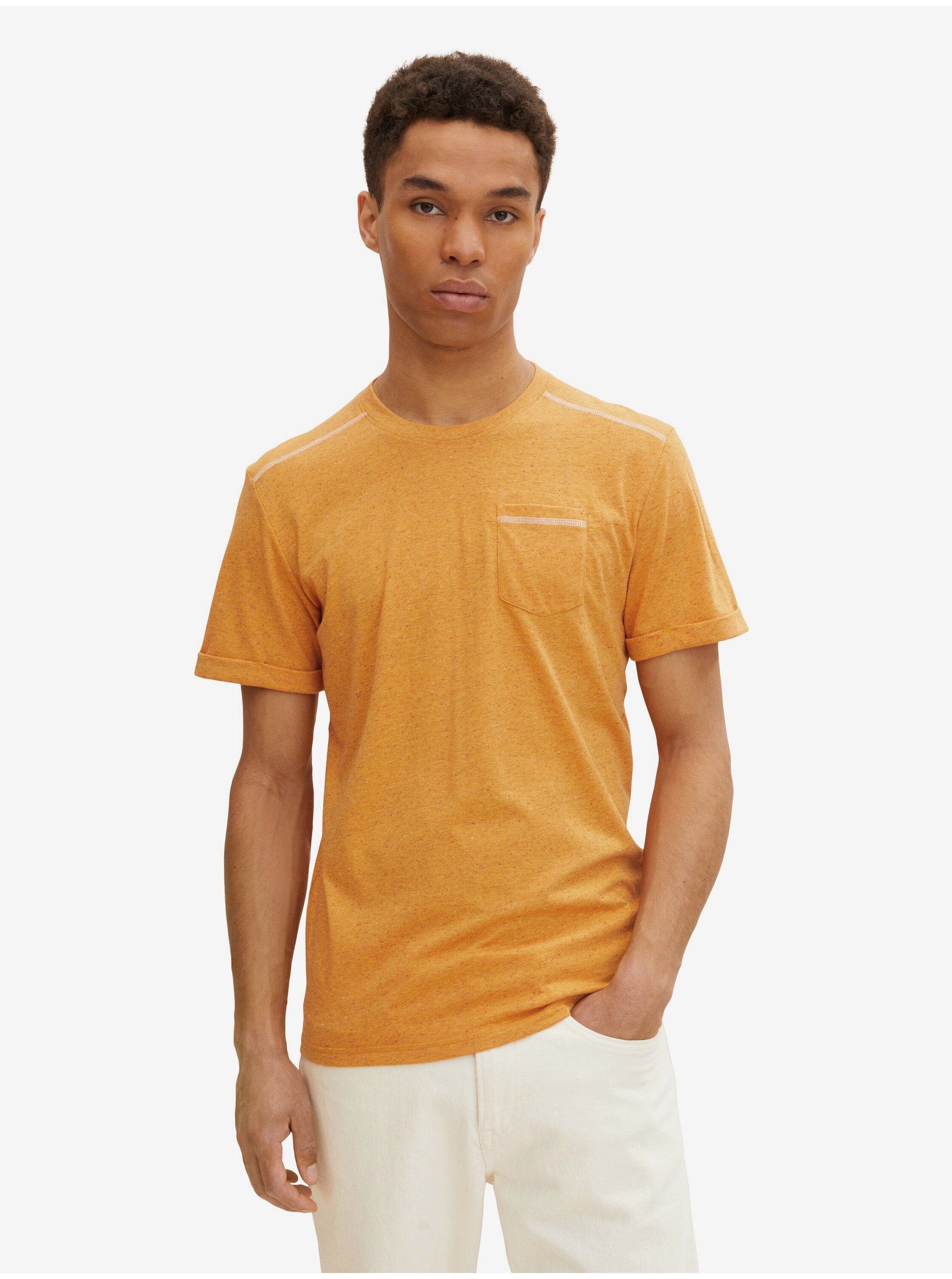 Levně Oranžové pánské žíhané tričko s kapsou Tom Tailor