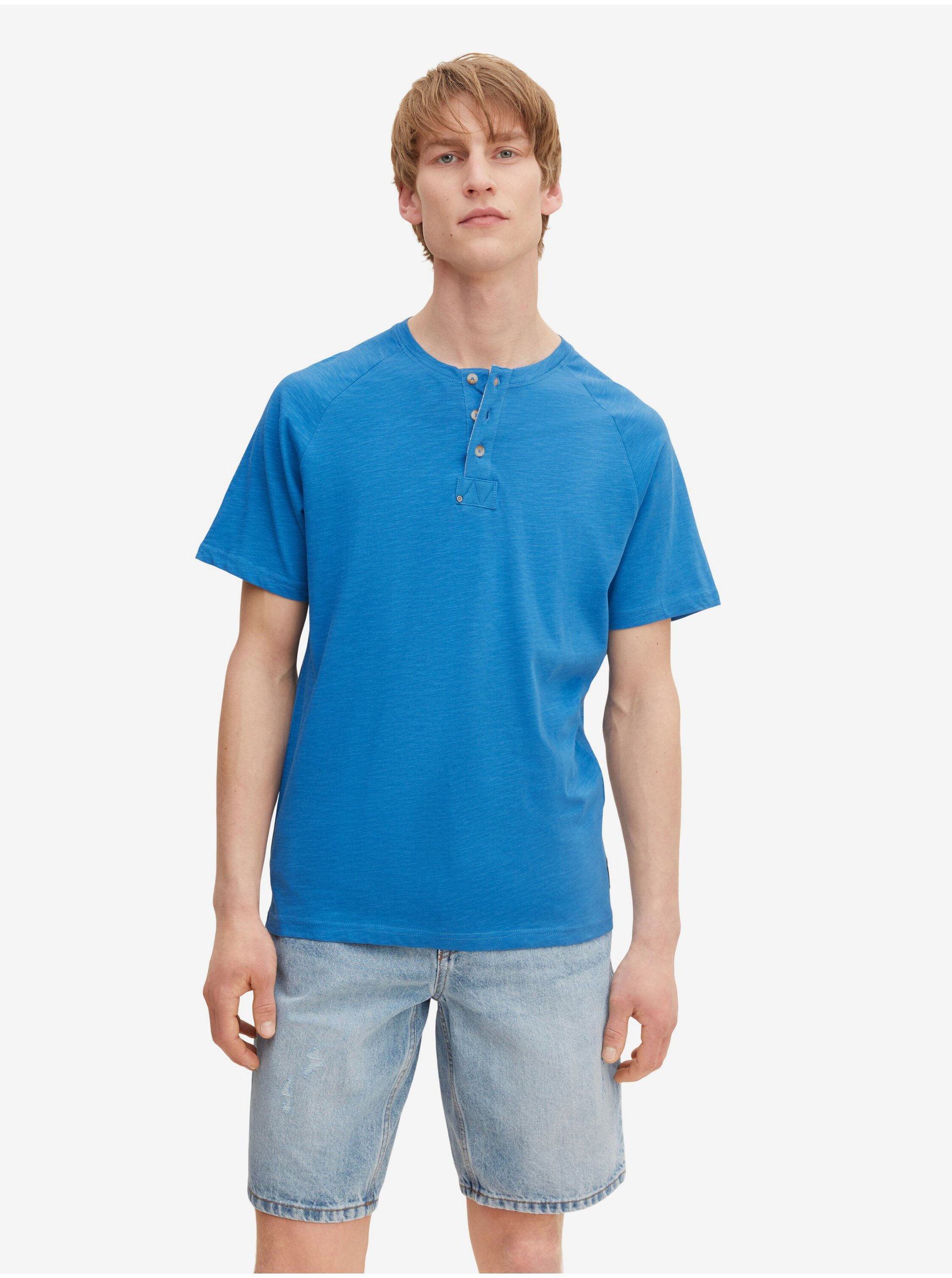 Lacno Modré pánské melírované tričko s gombíkmi Tom Tailor