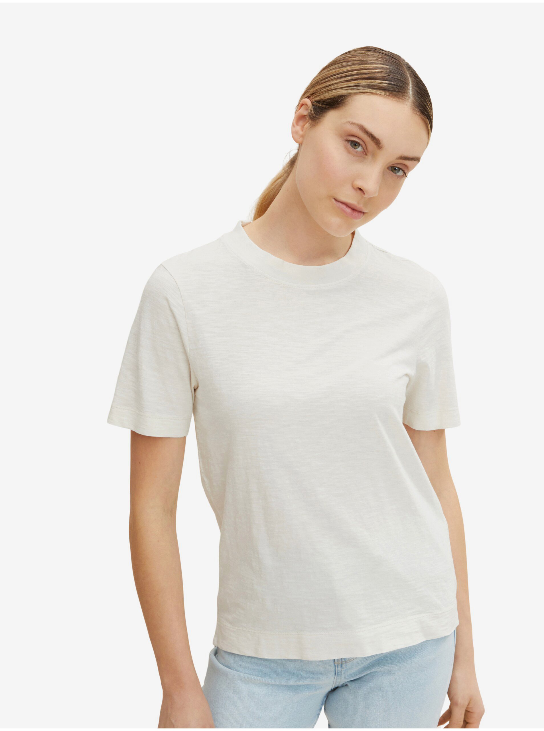 Levně Krémové dámské basic tričko Tom Tailor