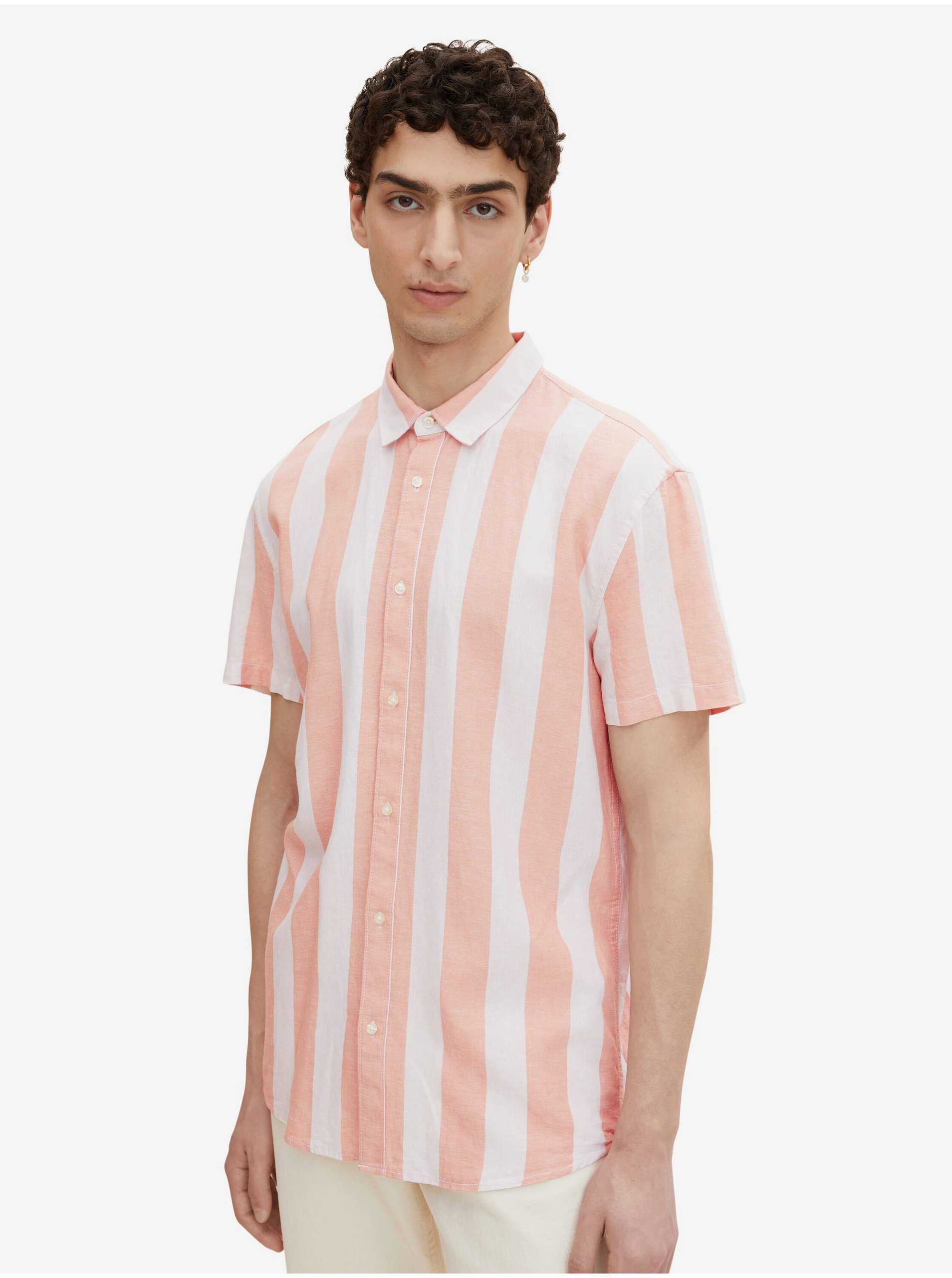 E-shop Krémovo-meruňková pánská pruhovaná lněná košile Tom Tailor Denim