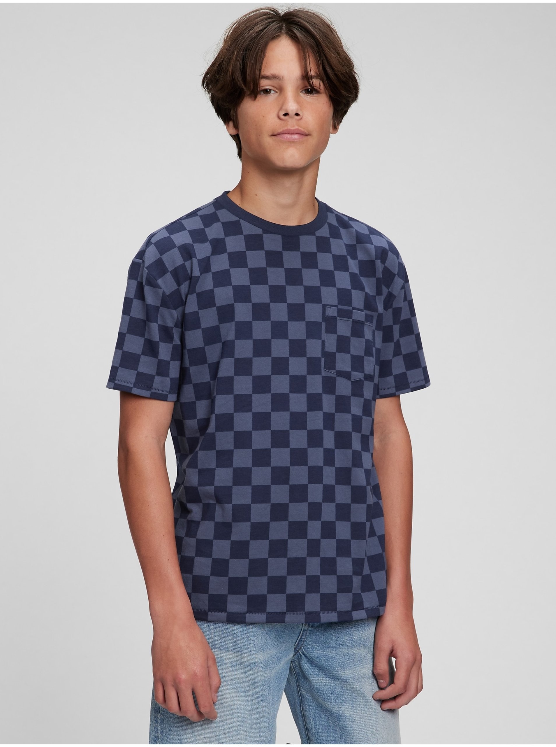 Lacno Tmavomodré chlapčenské tričko Teen organic šachovnica GAP