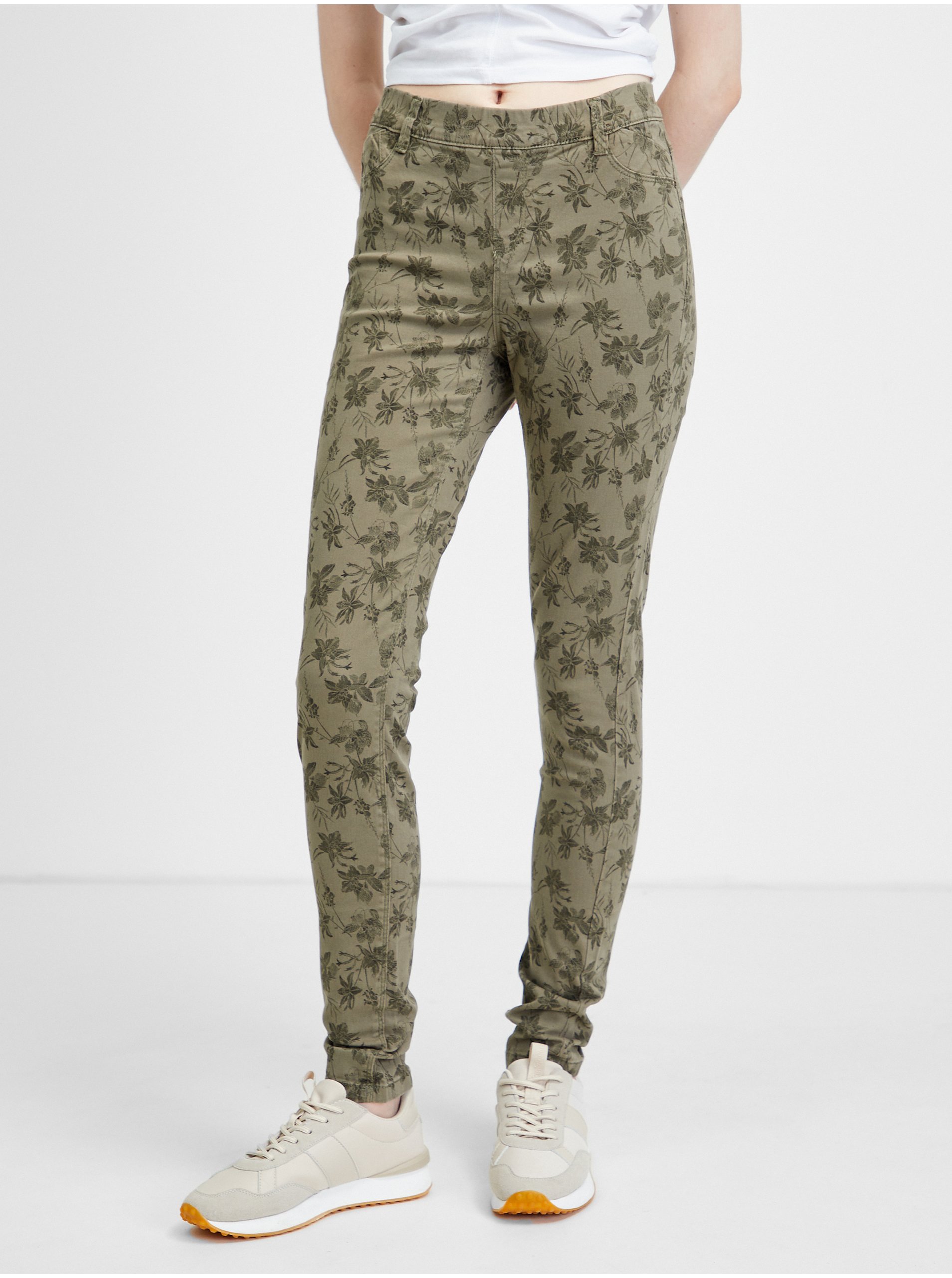 Levně Khaki vzorované slim fit kalhoty CAMAIEU