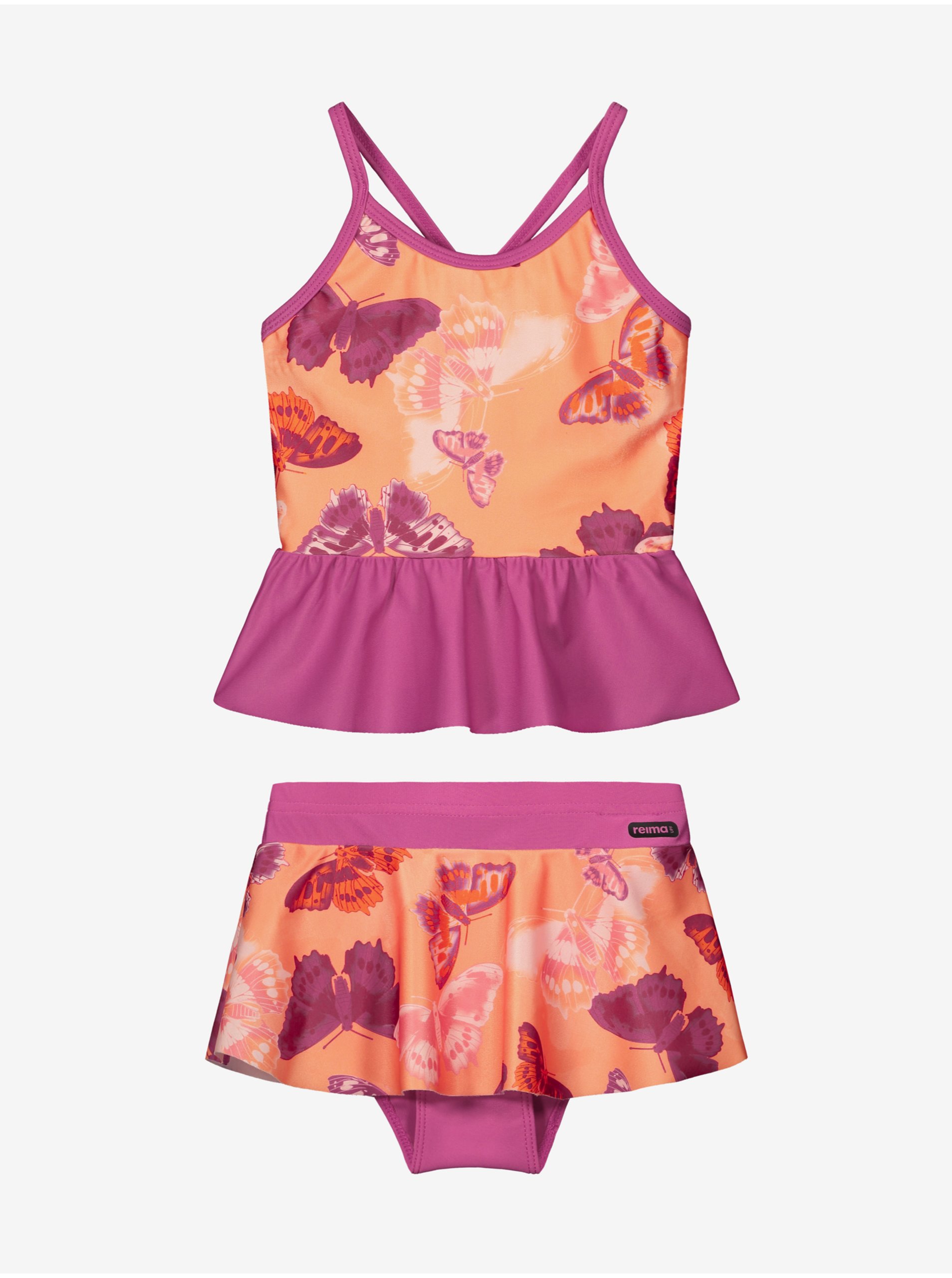Lacno Oranžovo-ružové dievčenské vzorované dvojdielne plavky Reima Uivelo