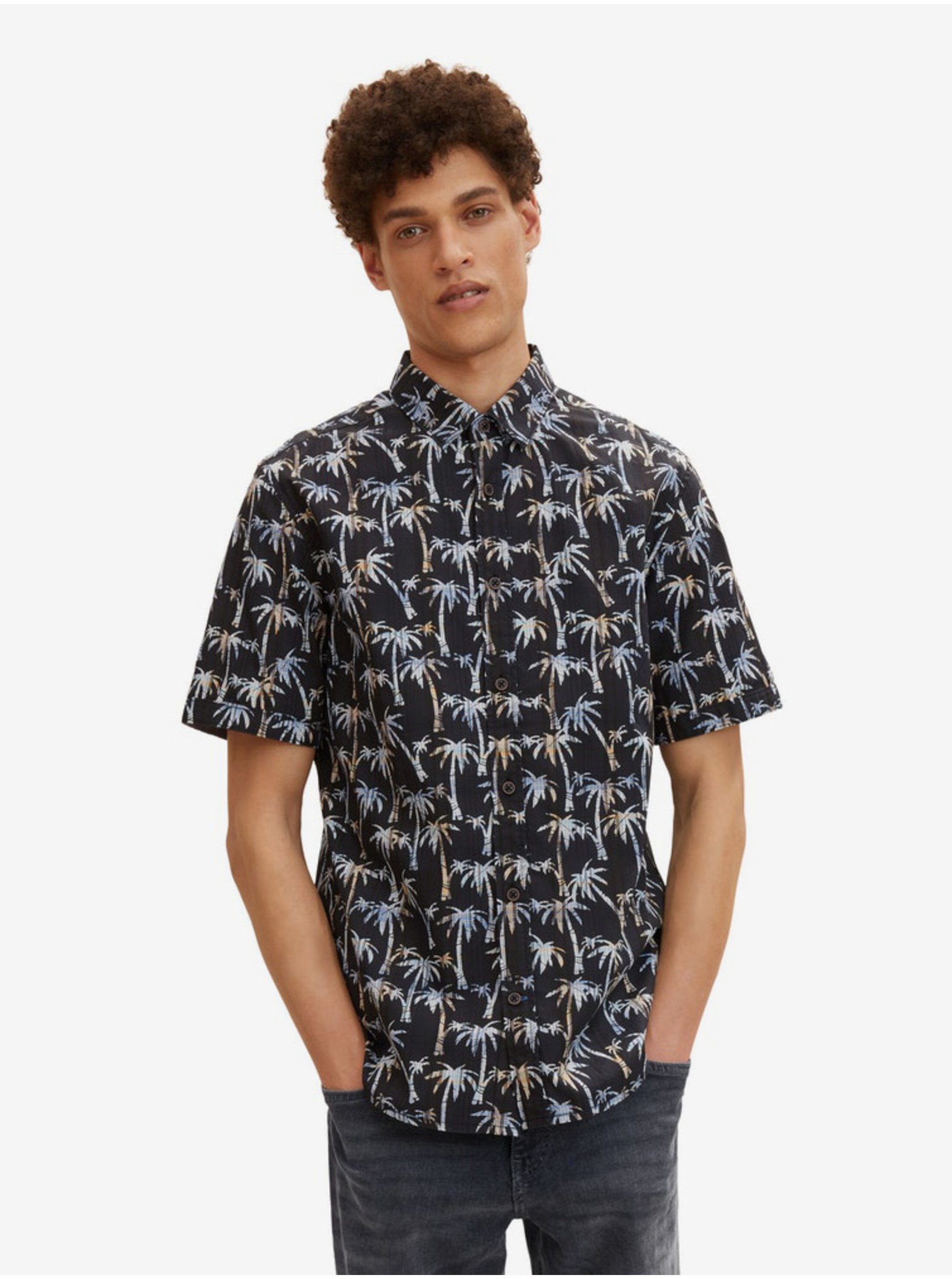 E-shop Čierna pánska vzorovaná košeľa s krátkym rukávom Tom Tailor