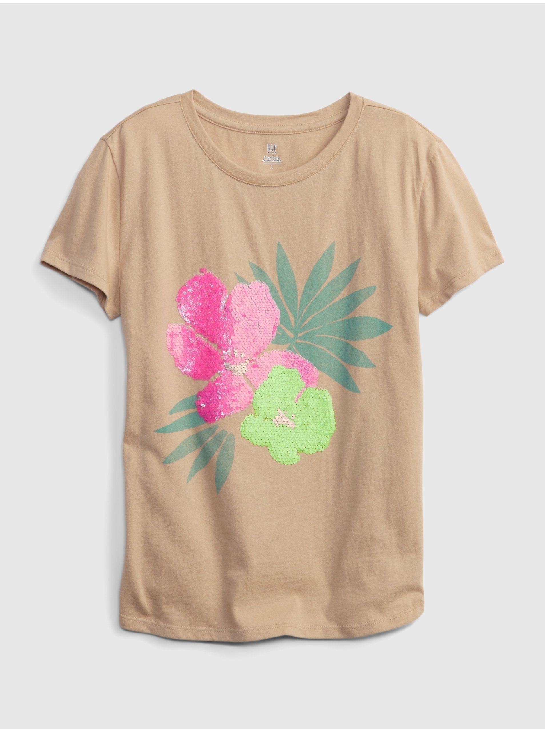 Lacno Béžové dievčenské tričko organic s flitrami floral GAP