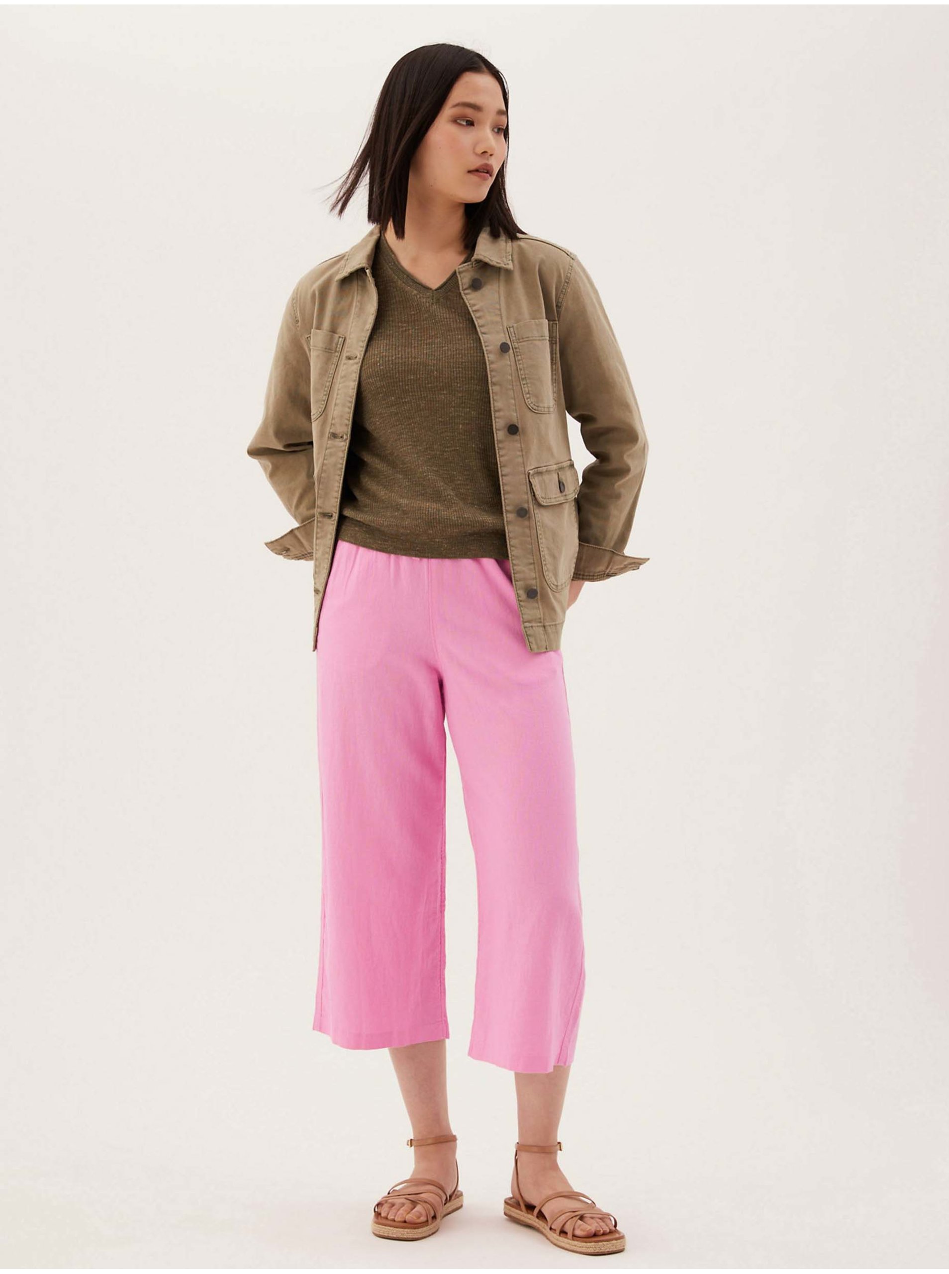 Levně Růžové dámské zkrácené kalhoty s příměsí lnu Marks & Spencer
