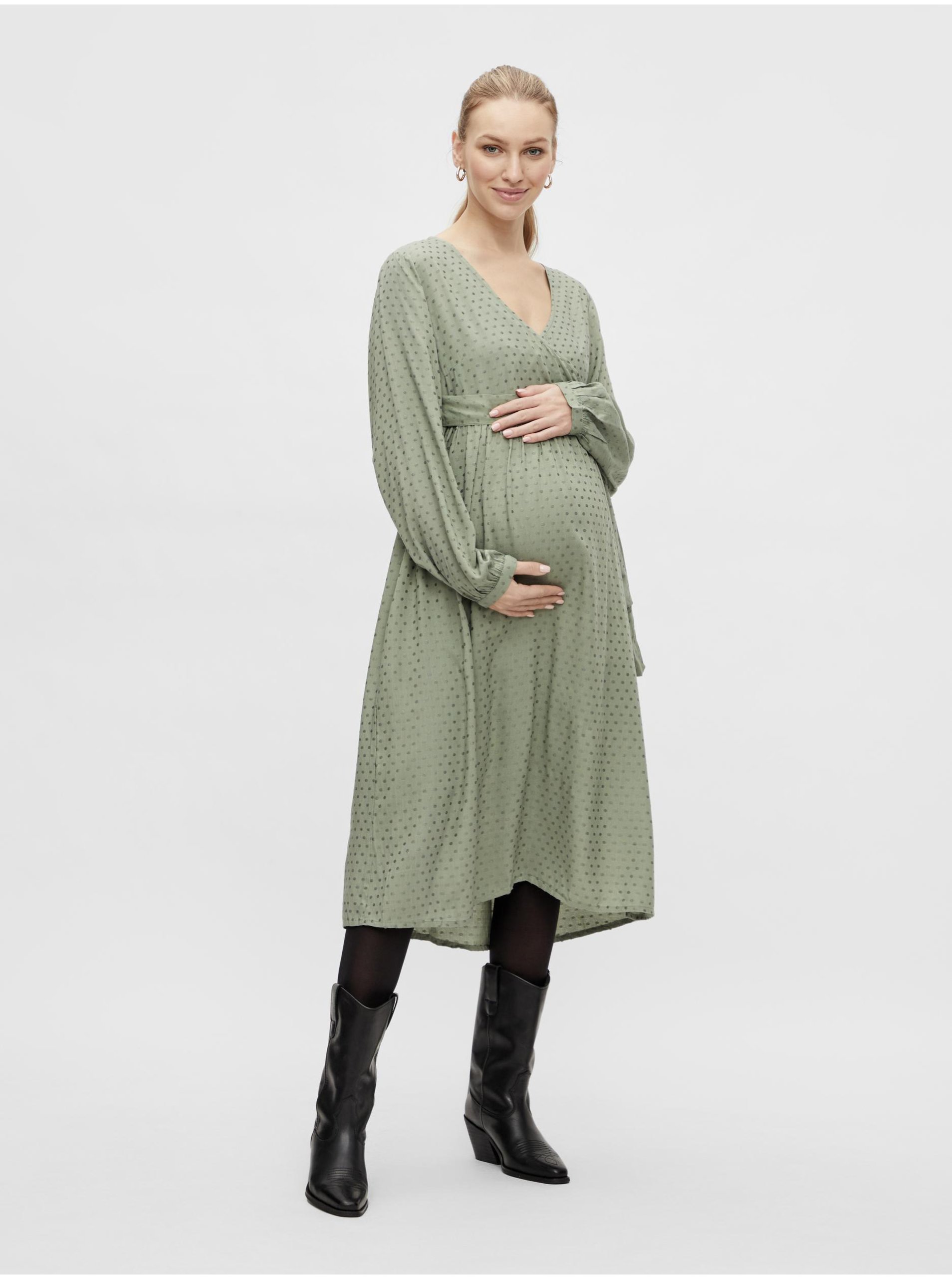 Levně Tmavě zelené puntíkované zavinovací těhotenské šaty Mama.licious Cillie