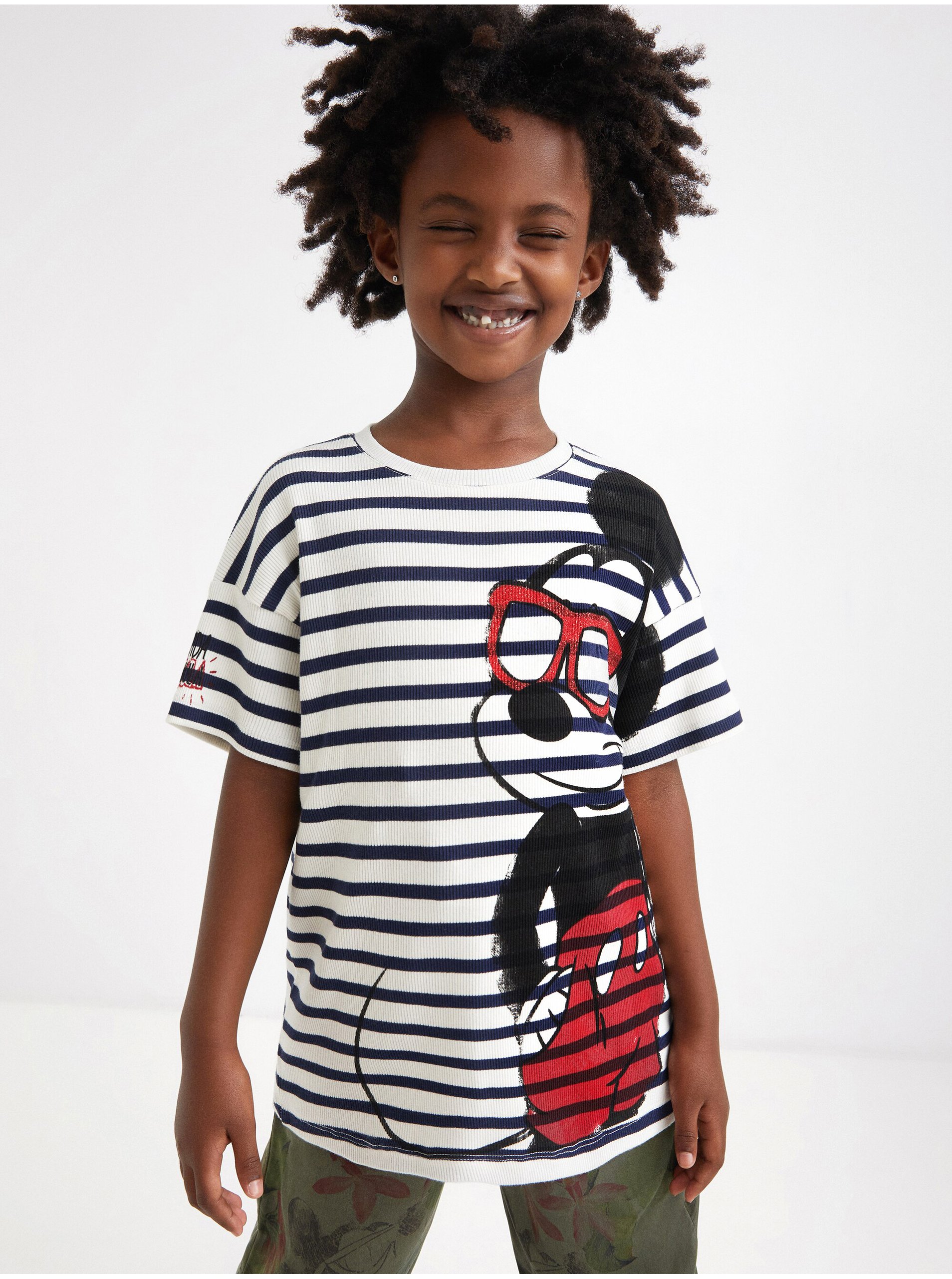 Levně Modro-bílé holčičí vzorované tričko Desigual Mickey Sunglasses