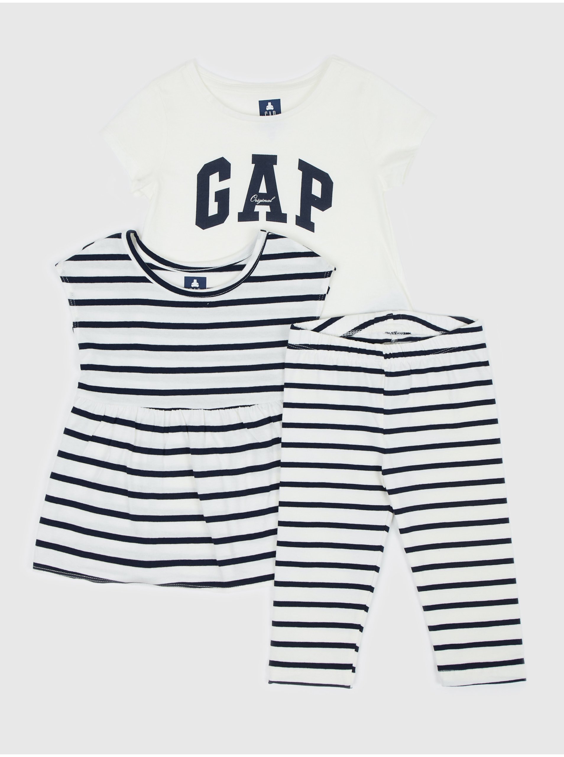 E-shop Sada holčičího trička, šatů a legín v modro-bílé barvě GAP