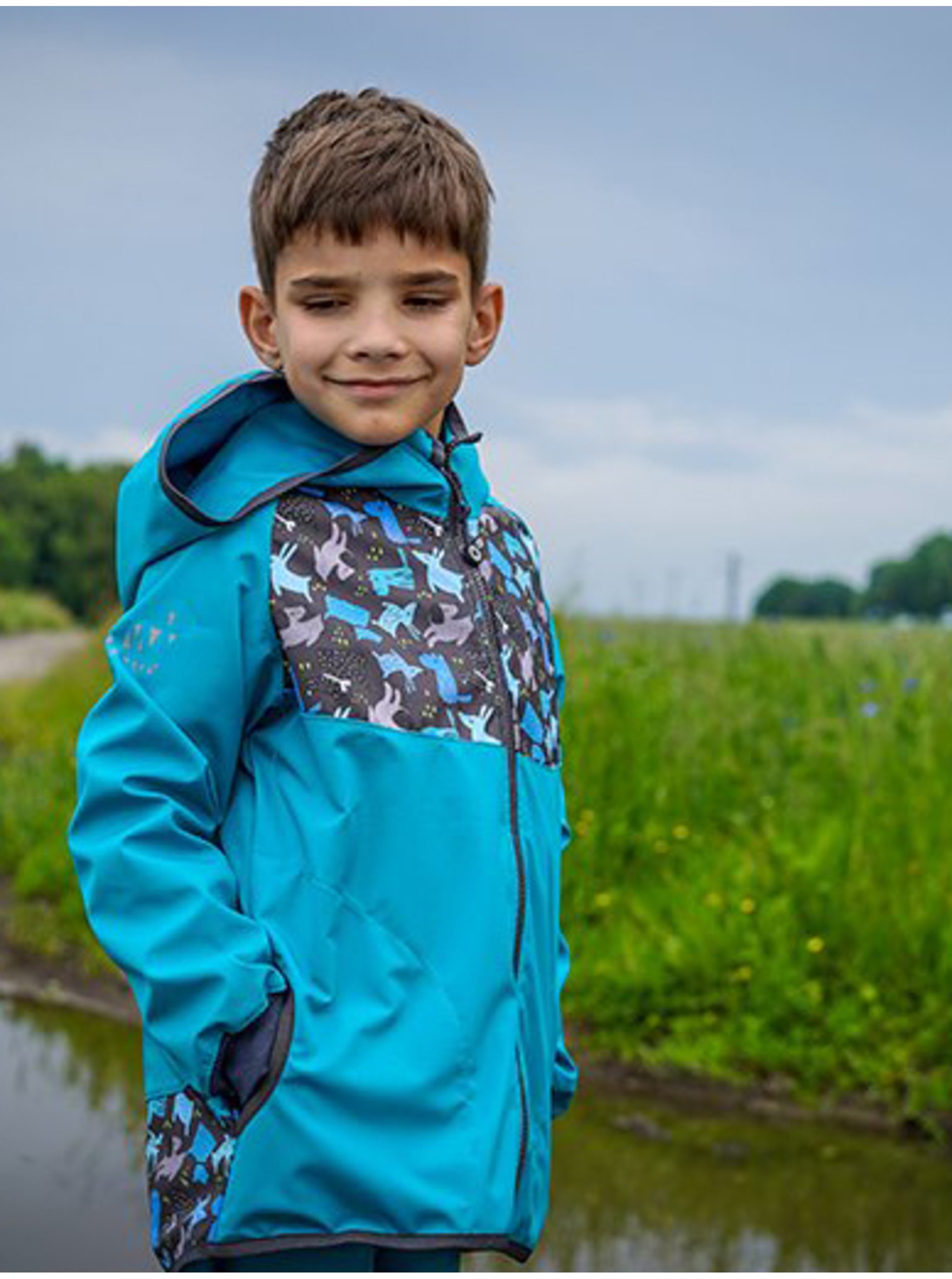 Lacno Modrá detská softshellová vzorovaná bunda Unuo
