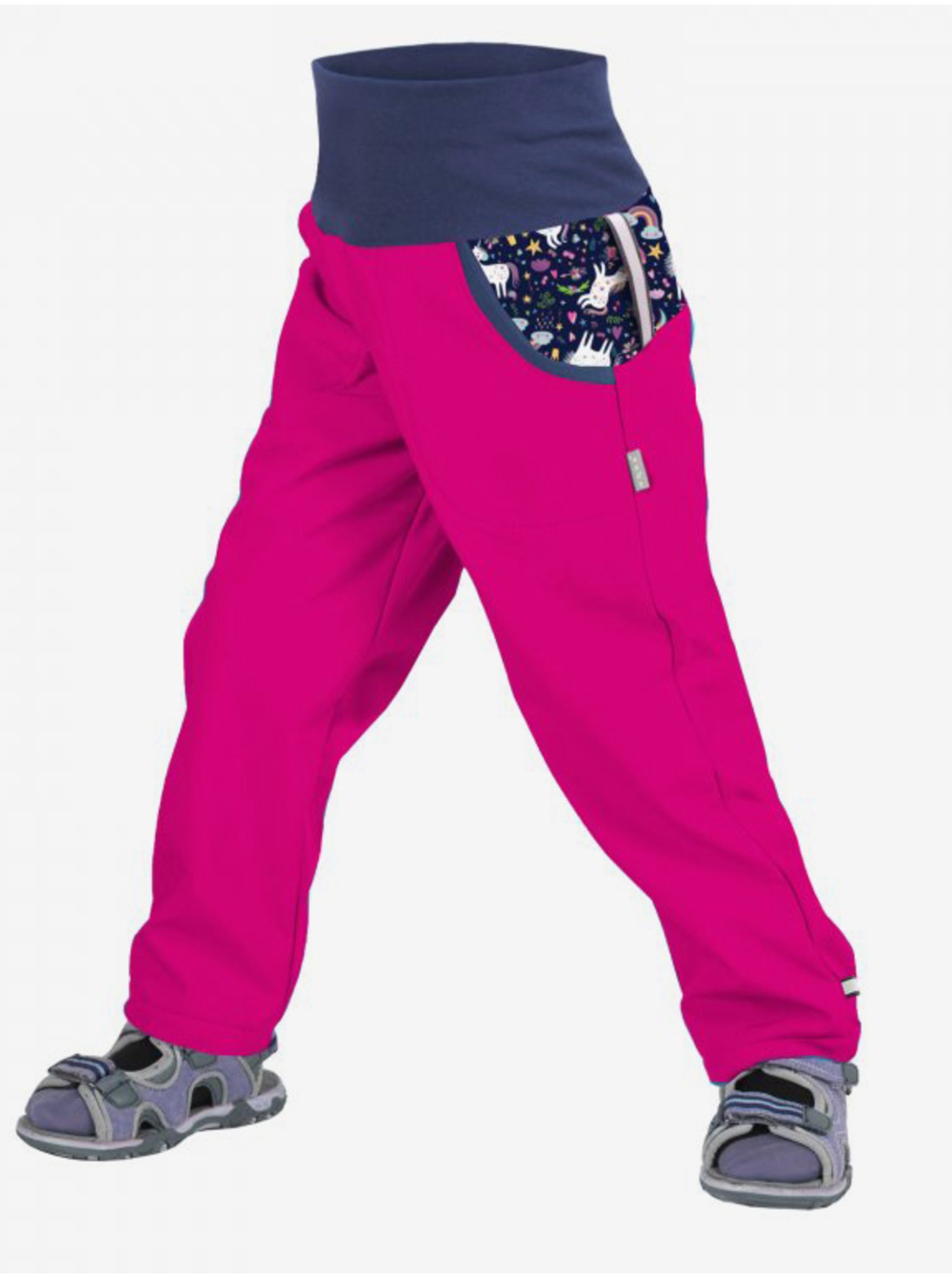 Levně Tmavě růžové holčičí softshellové vzorované kalhoty s vysokým pasem Unuo