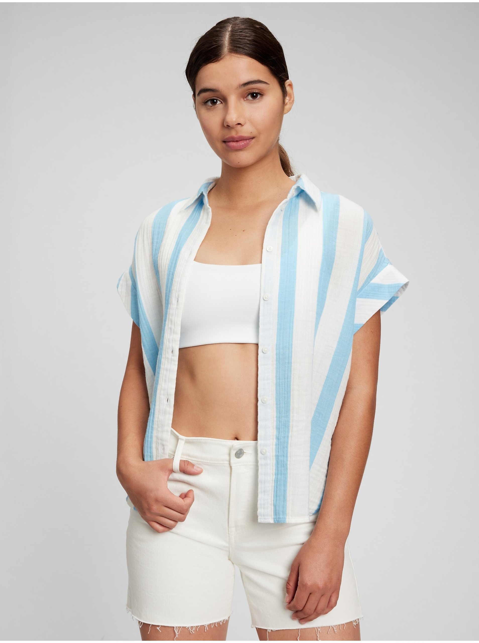 Lacno Modro-biela dámska pruhovaná košeľa s krátkym rukávom GAP
