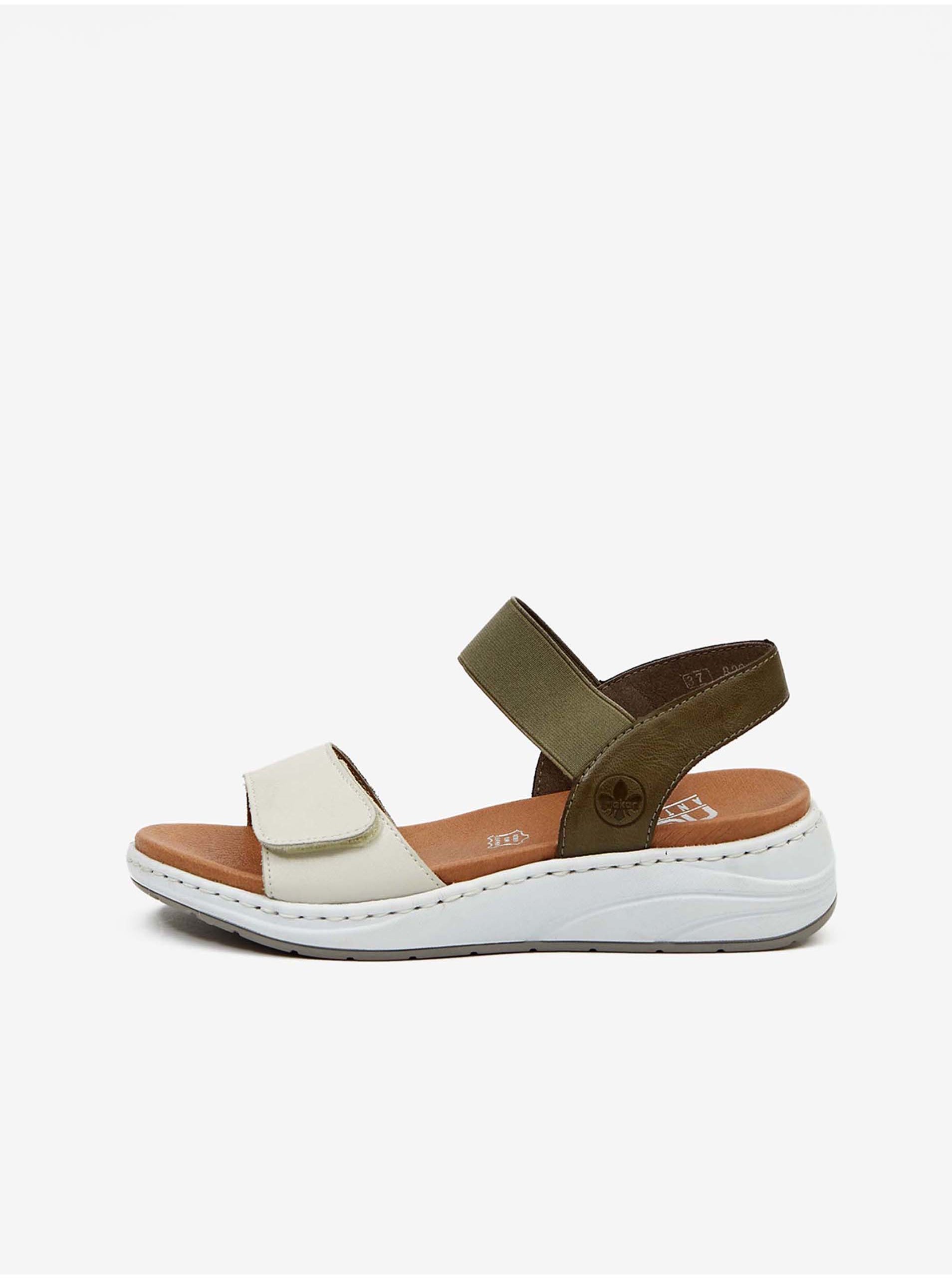 Lacno Kaki-biele dámske kožené sandále Rieker