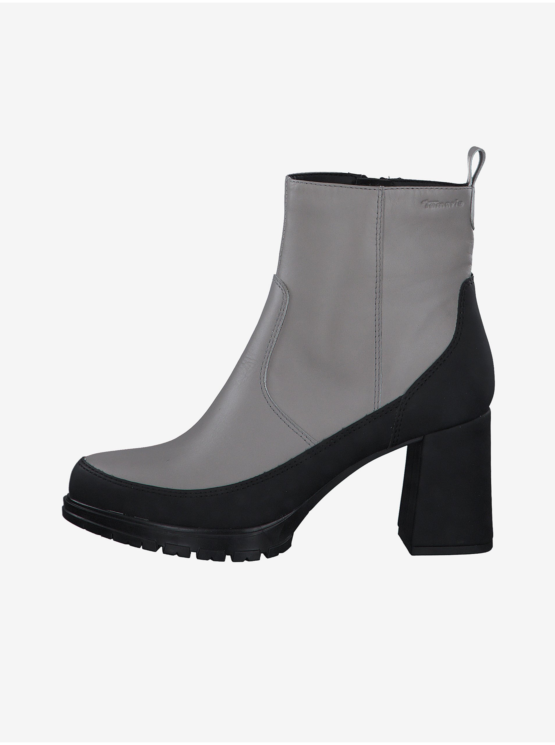 E-shop Čierno-šedé kožené členkové topánky na vysokom podpätku Tamaris