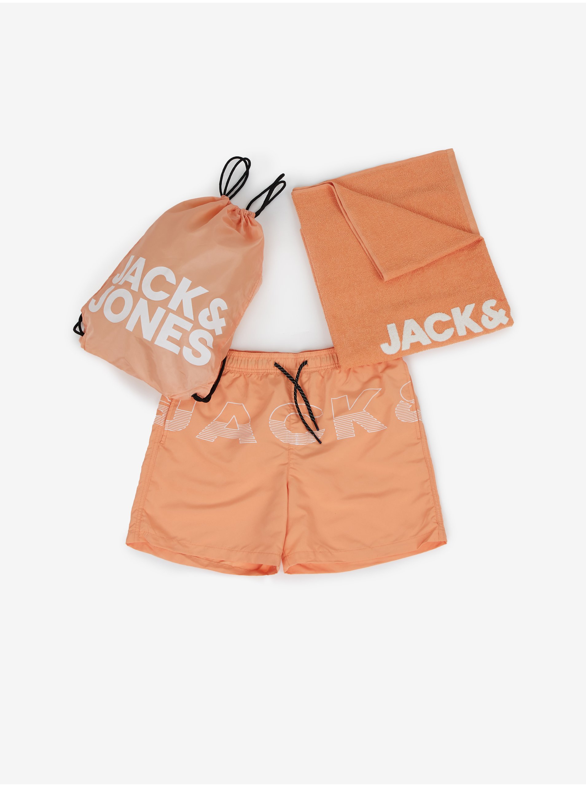 Lacno Sada pánskych plaviek, uteráku a vaku v oranžovej farbe Jack & Jones Summer Beach