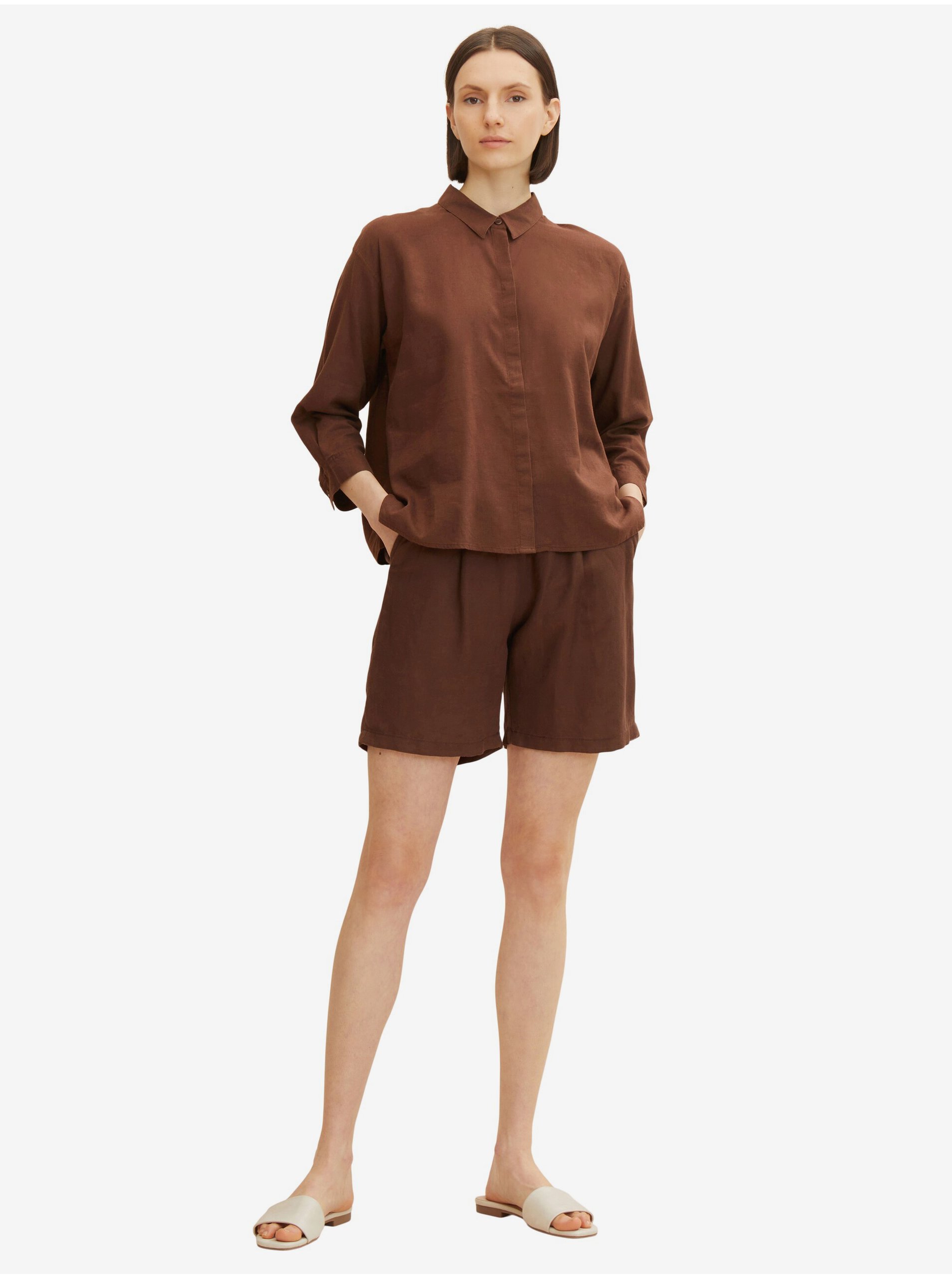 E-shop Hnedé dámske ľanové šortky Tom Tailor