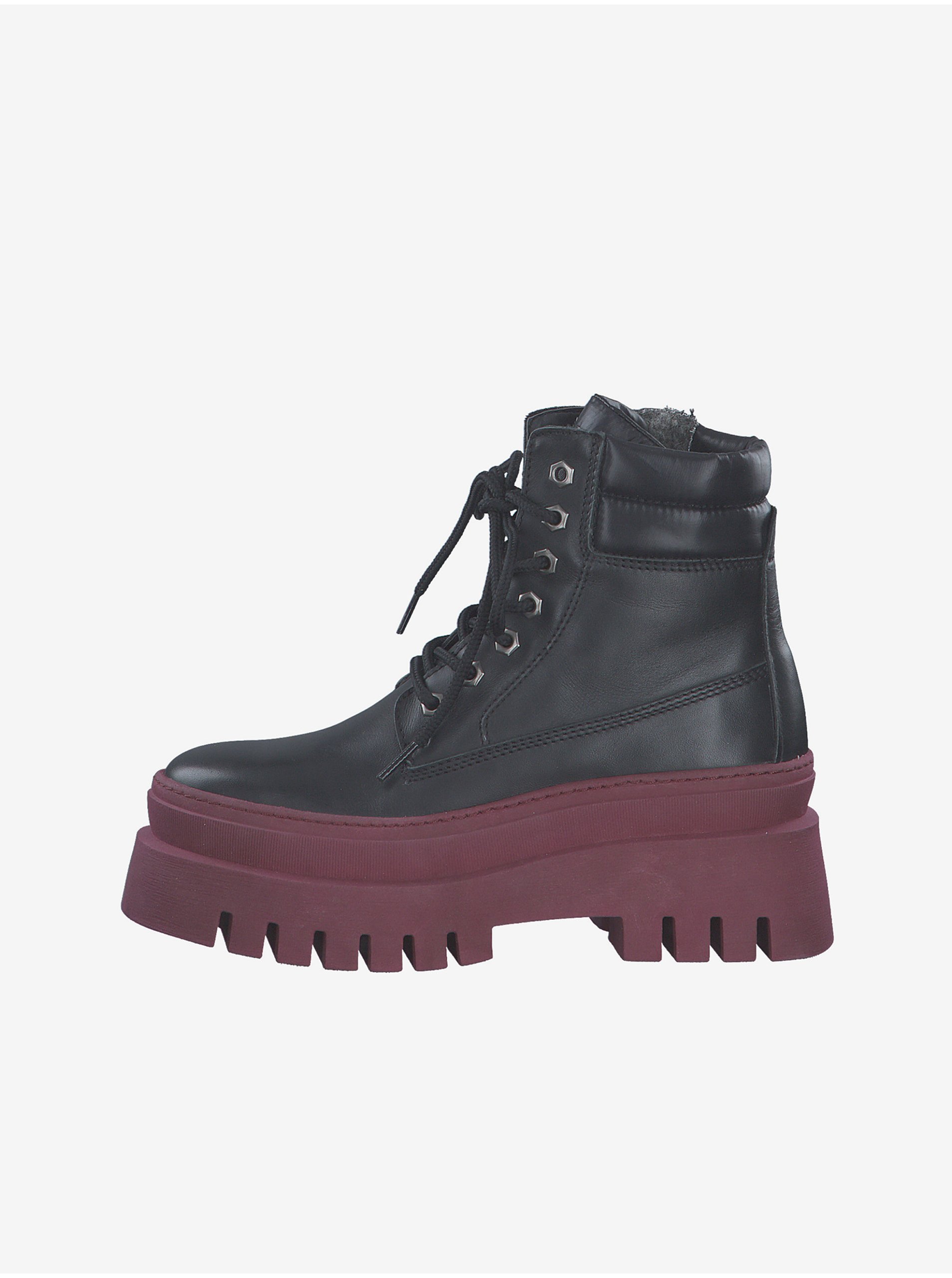 E-shop Vínovo-čierne kožené členkové zimné topánky s kožuštekom Tamaris