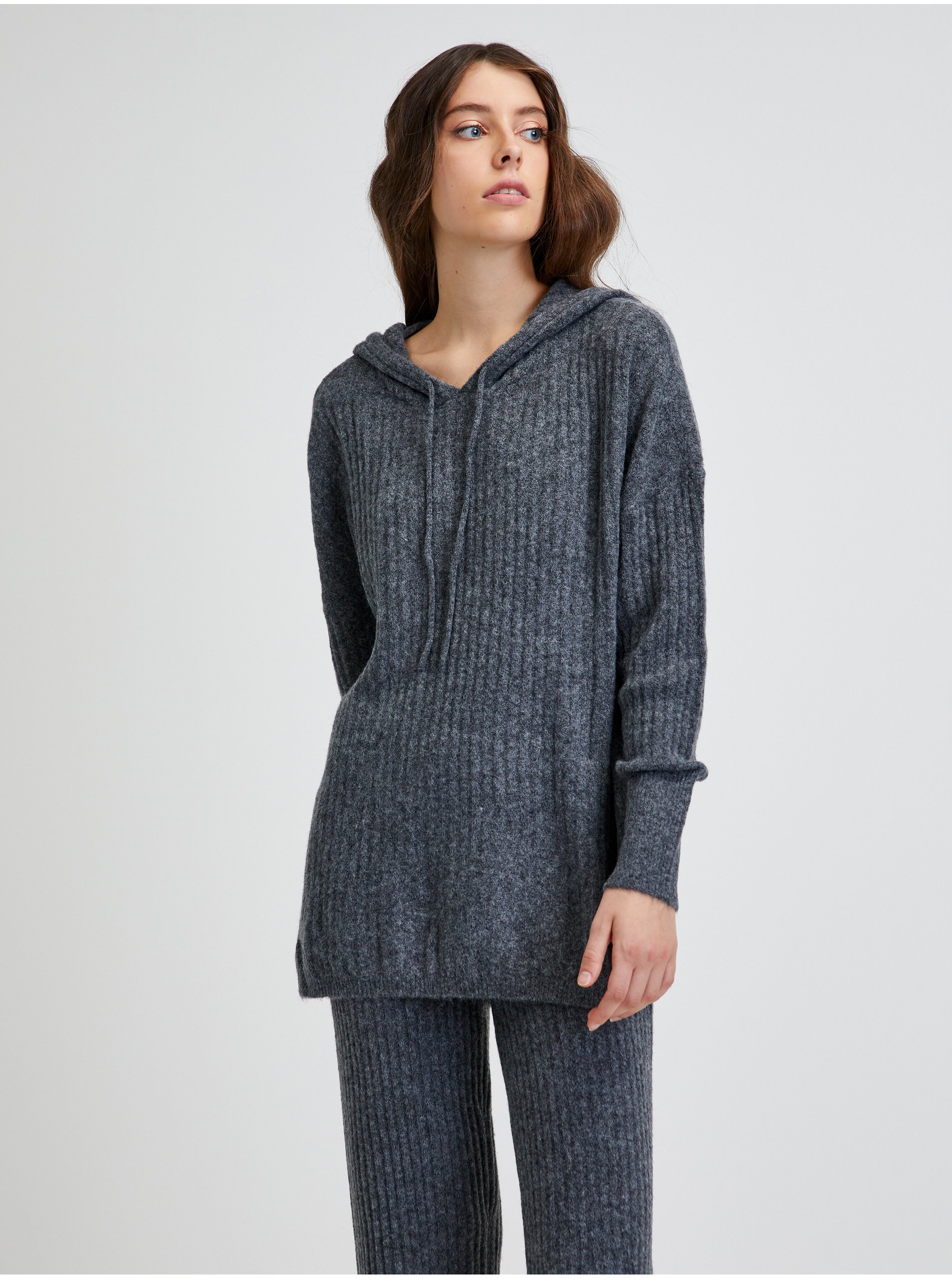 E-shop Šedý žebrovaný svetr s kapucí Noisy May Ally