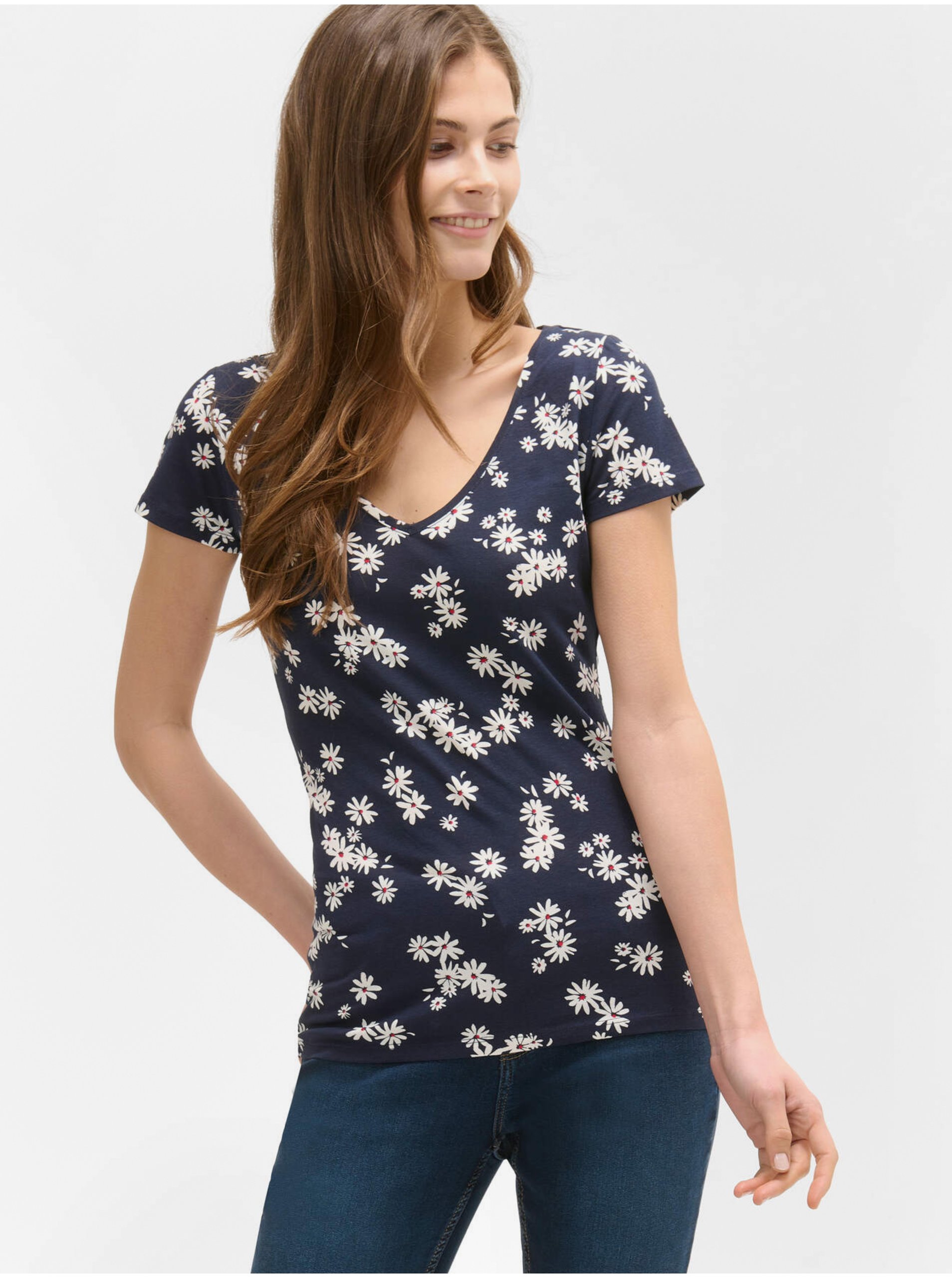 Lacno Tmavomodré kvetované tričko ORSAY