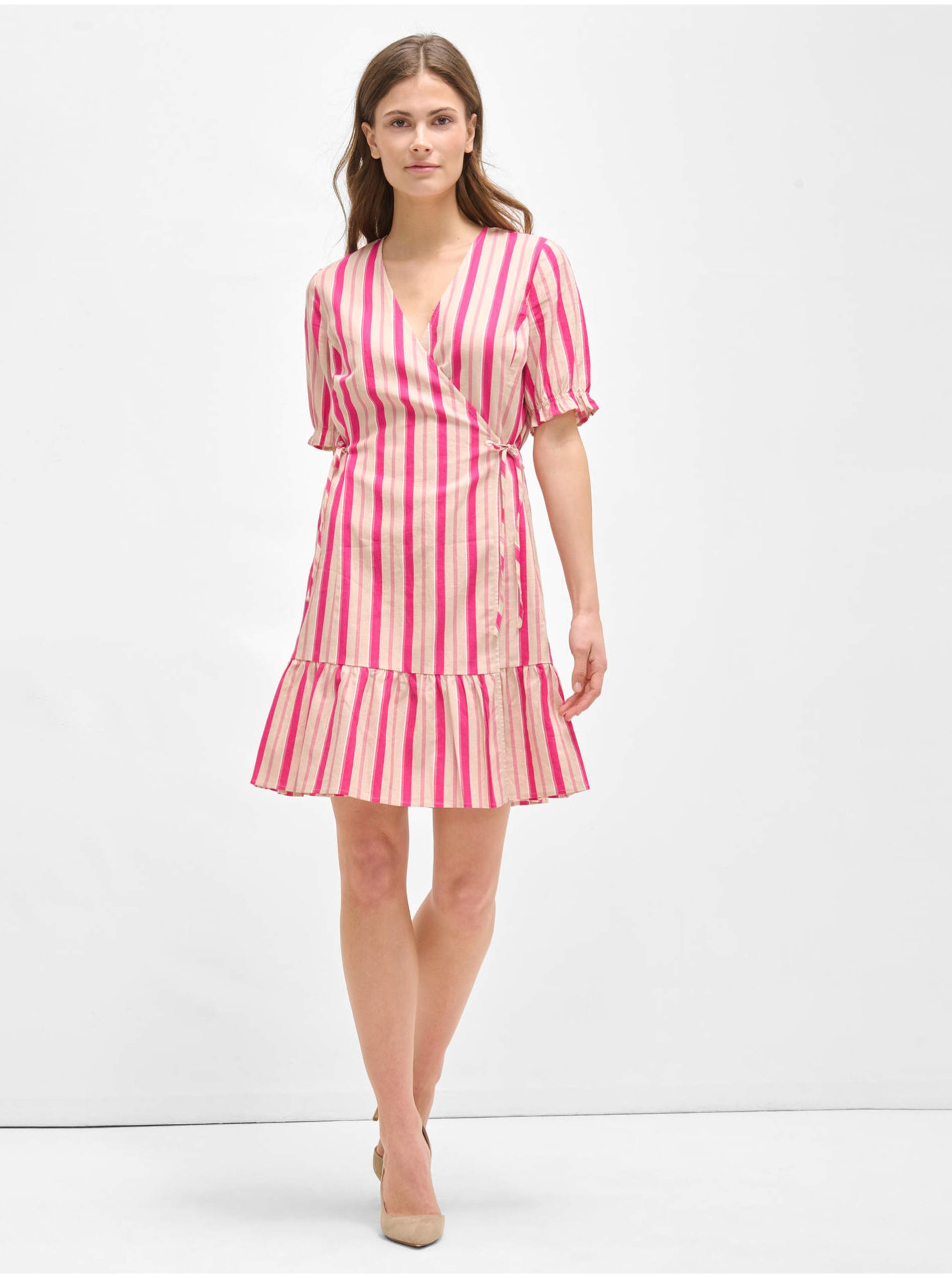 E-shop Růžové pruhované zavinovací lněné šaty ORSAY
