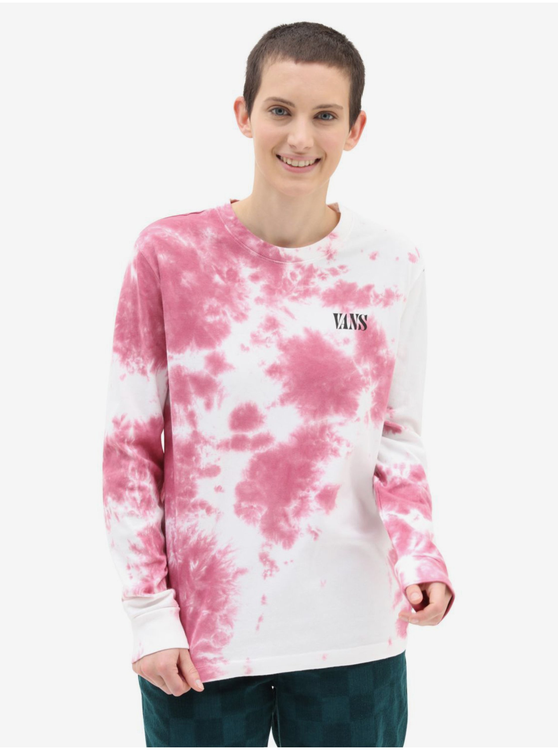 E-shop Bílo-růžové dámské batikované tričko s dlouhým rukávem VANS