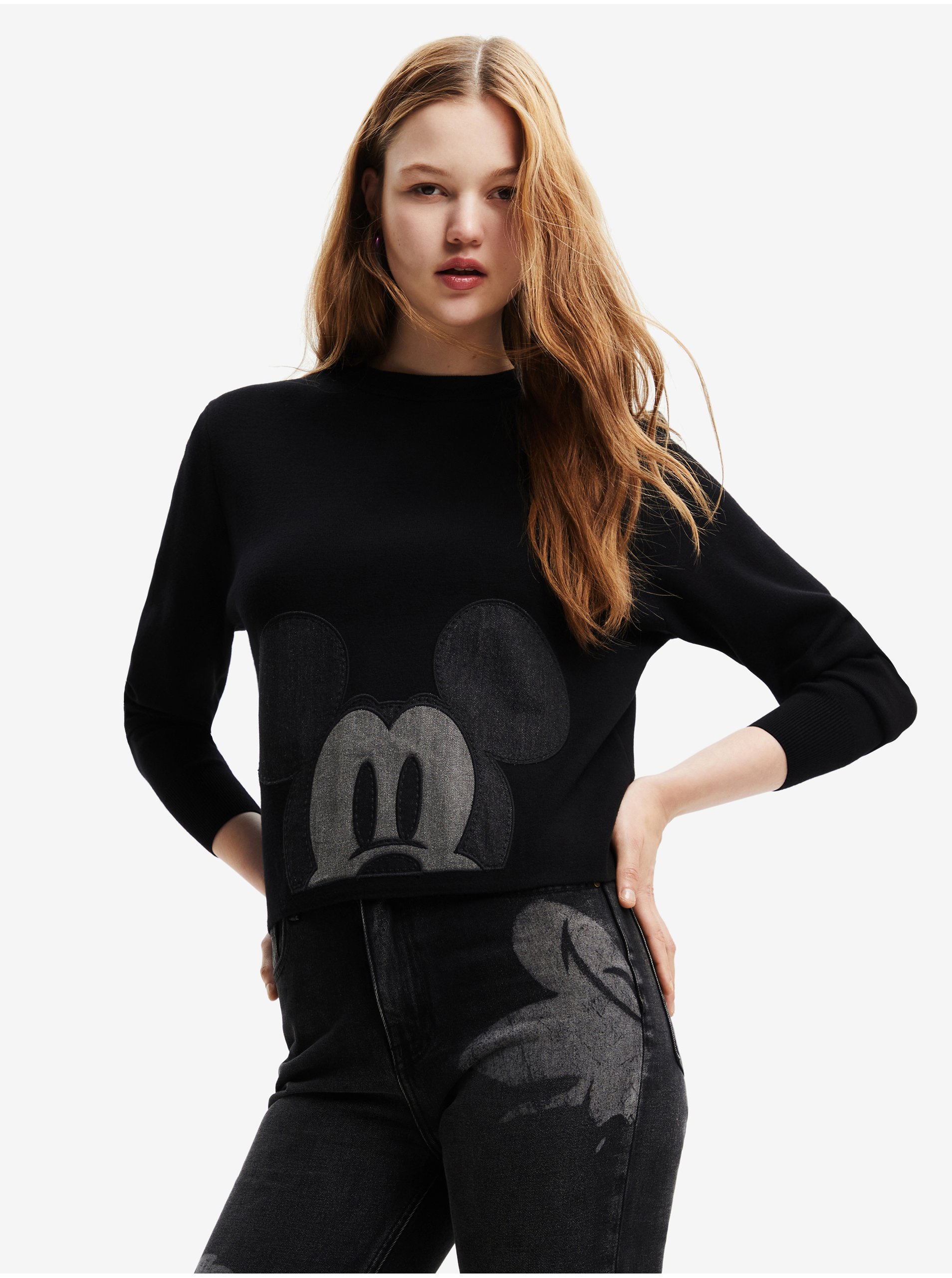 Levně Černý dámský svetr Desigual Mickey Patch Denim