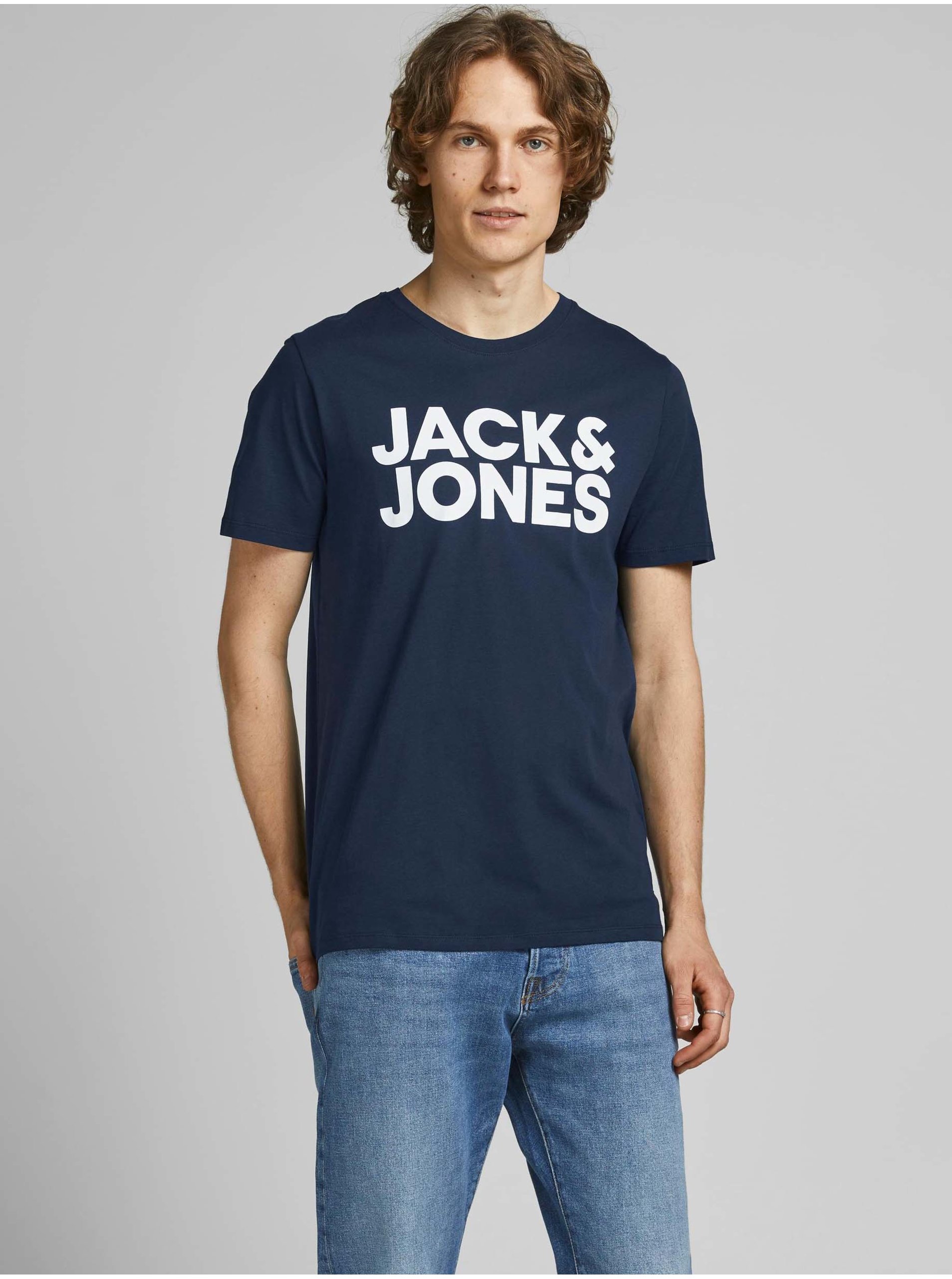 Lacno Tmavomodré slim fit tričko s potlačou Jack & Jones Corp