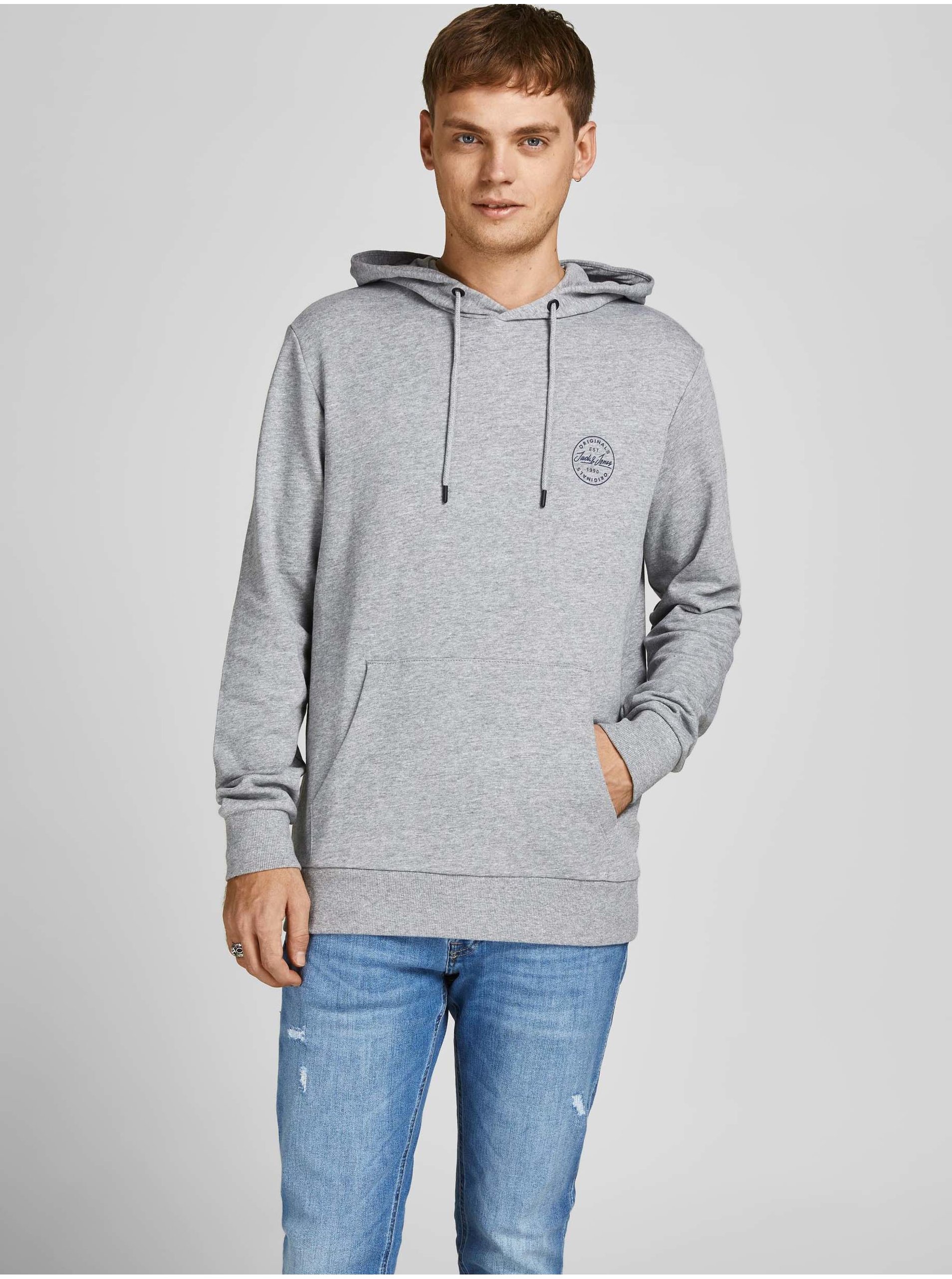 Levně Šedá mikina s kapucí Jack & Jones Shark