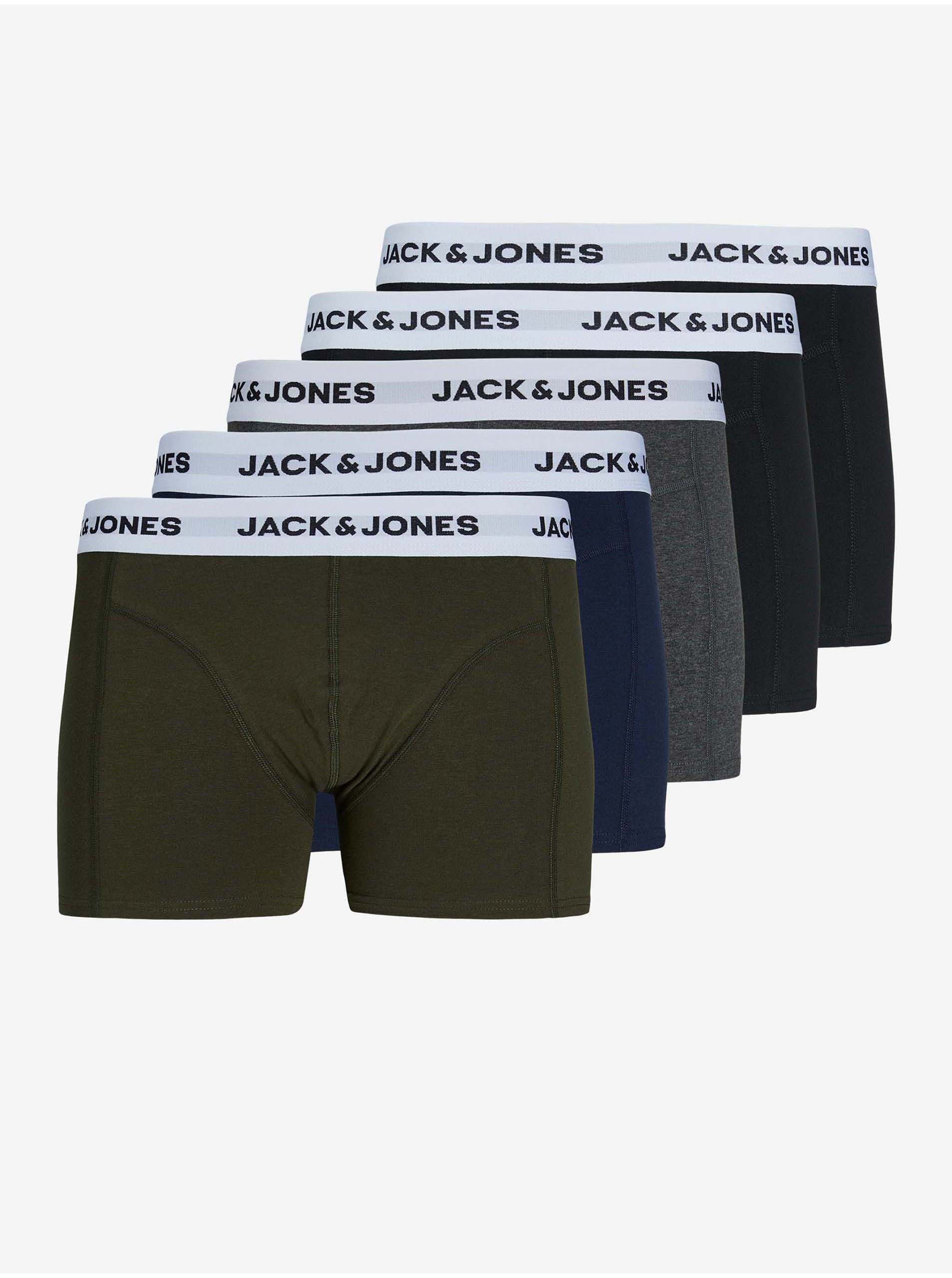 Lacno Sada piatich boxeriek v kaki, modrej, šedej a čiernej farbe Jack & Jones