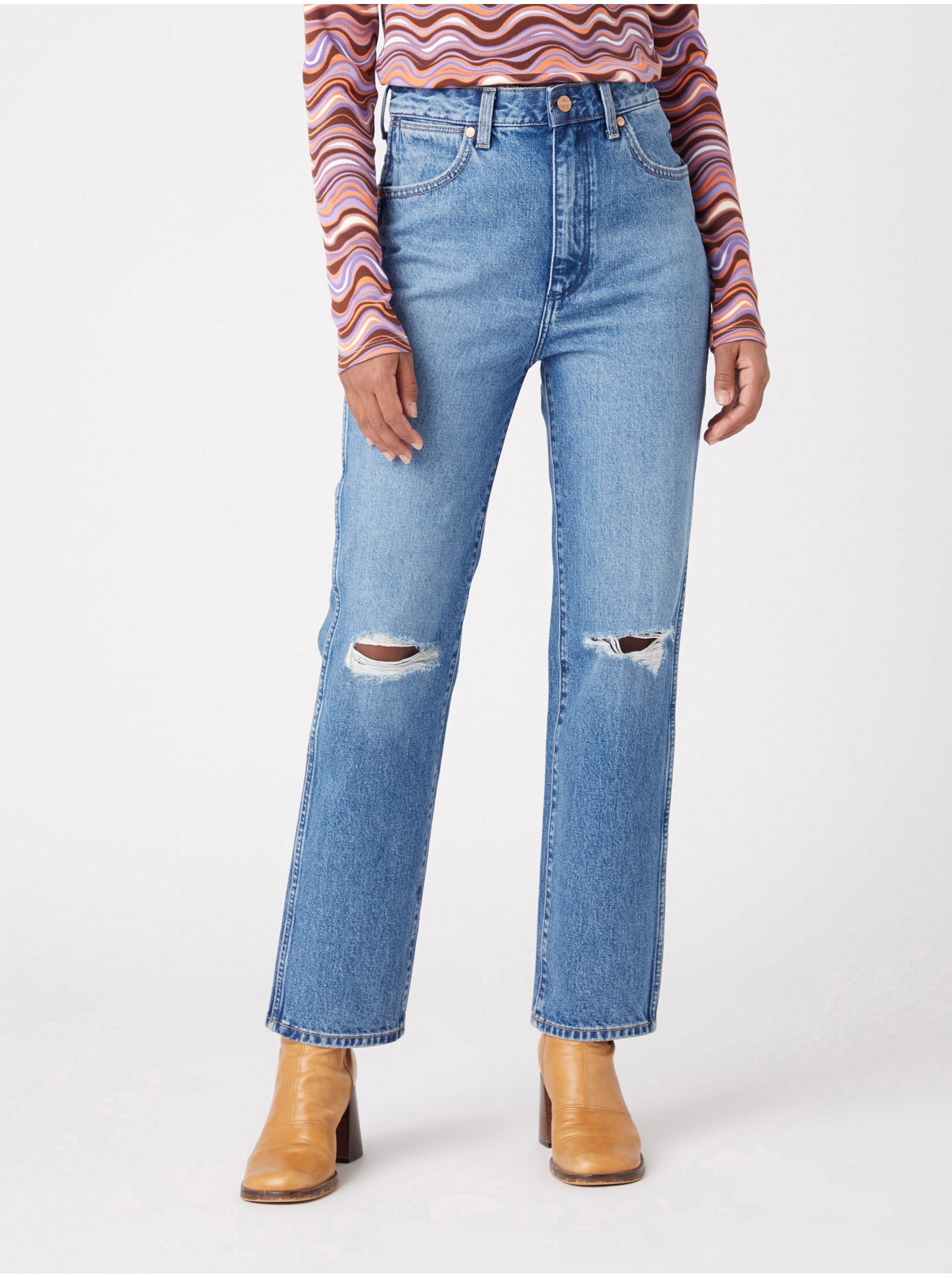 E-shop Modré dámské straight fit džíny s potrhaným efektem Wrangler