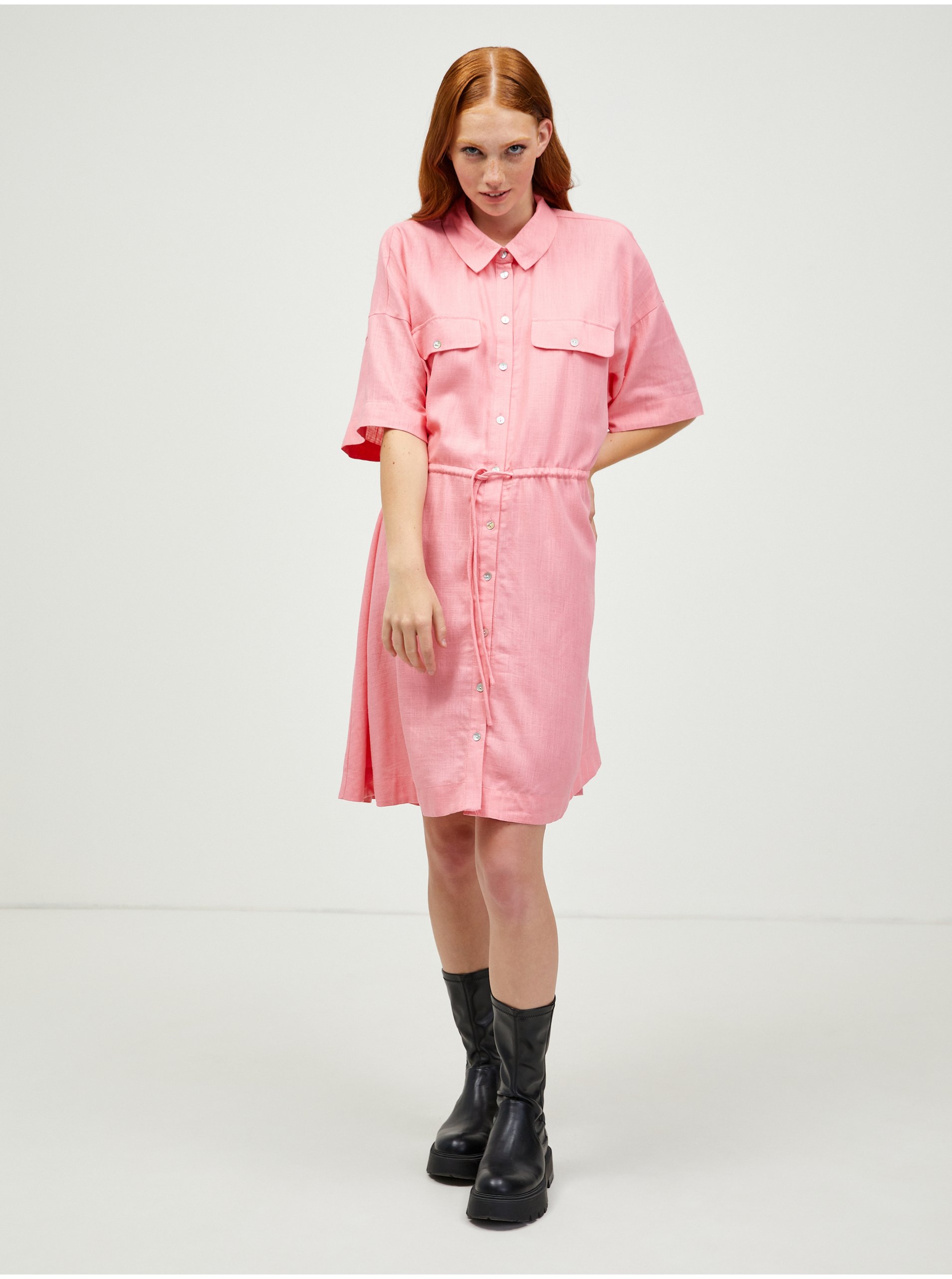 E-shop Růžové košilové šaty s příměsí lnu VERO MODA Haf