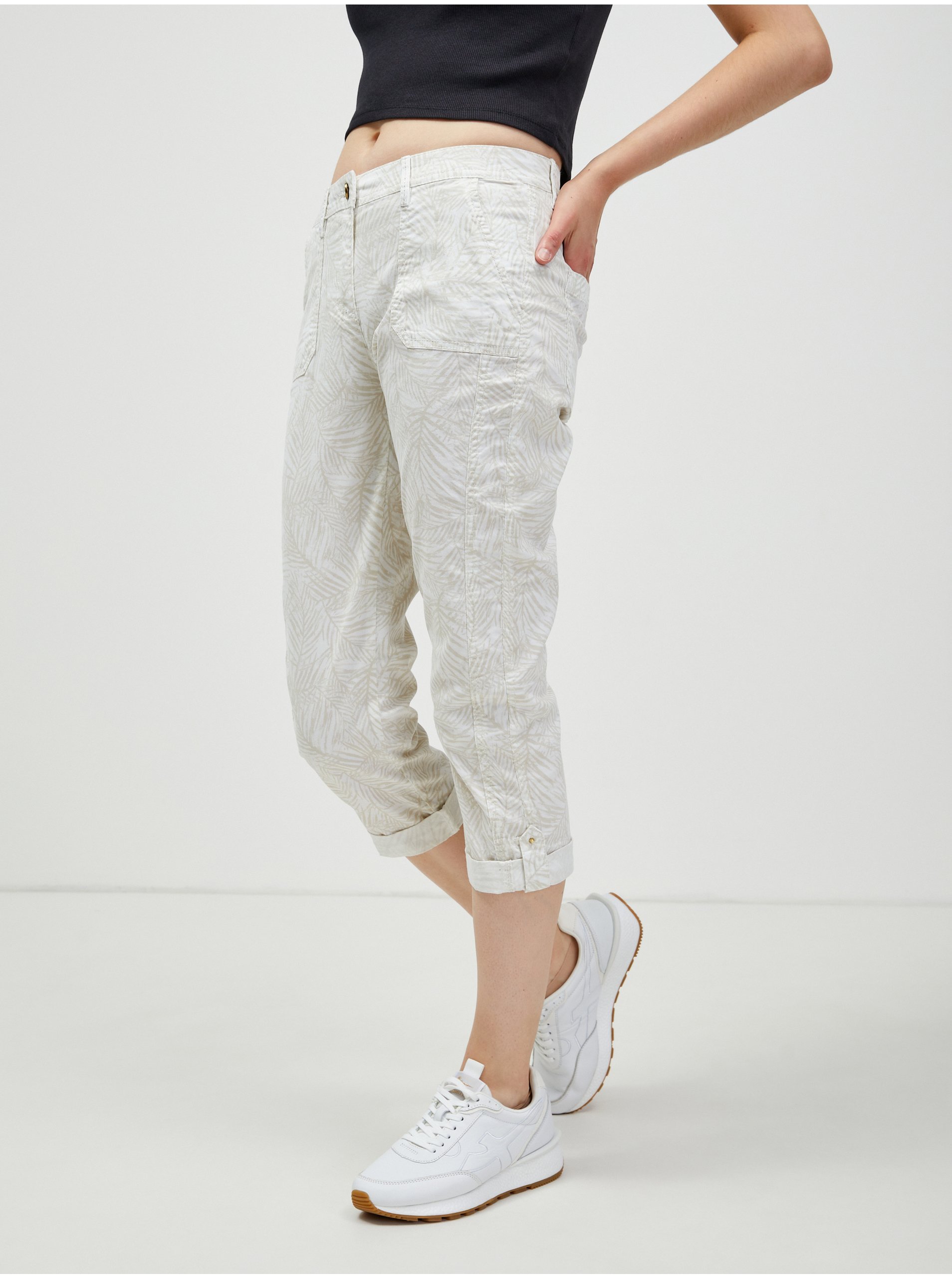 Levně Bílé vzorované tříčtřvrteční slim fit kalhoty CAMAIEU