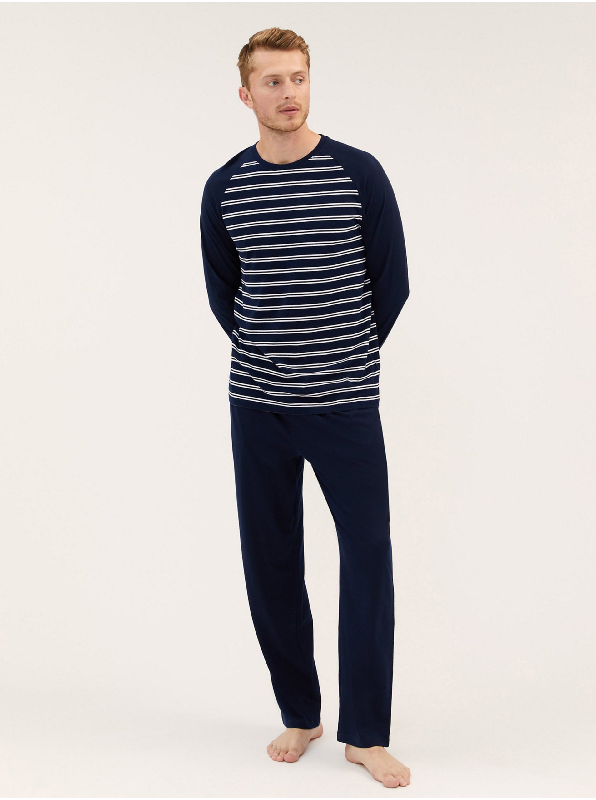 E-shop Modrá pánská pruhovaná pyžamová souprava z čisté bavlny Marks & Spencer