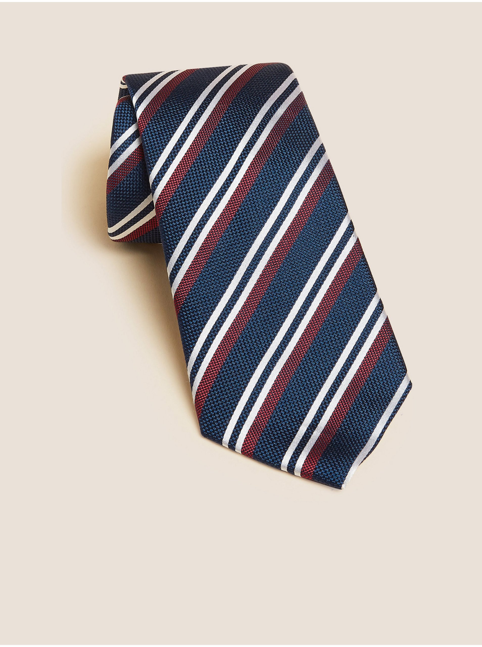Levně Modrá pánská pruhovaná kravata ze 100% hedvábí Marks & Spencer