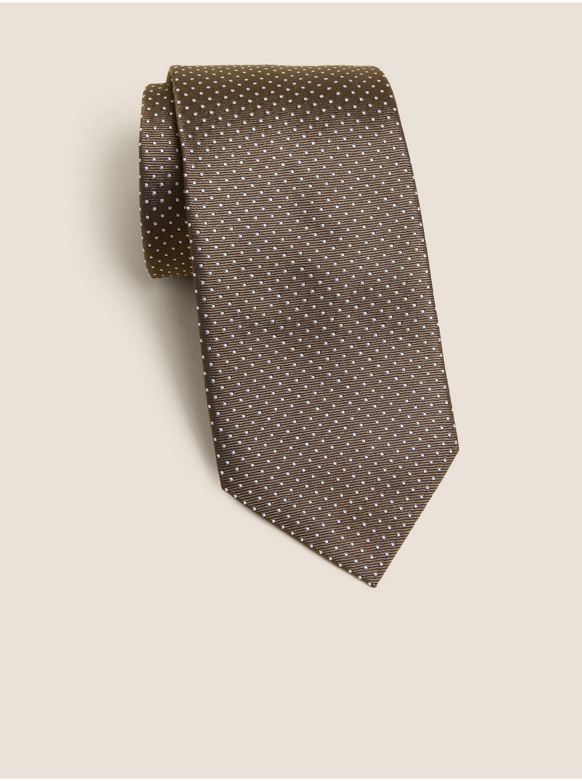 Levně Hnědá pánská kravata z čistého hedvábí s drobnými puntíky Marks & Spencer