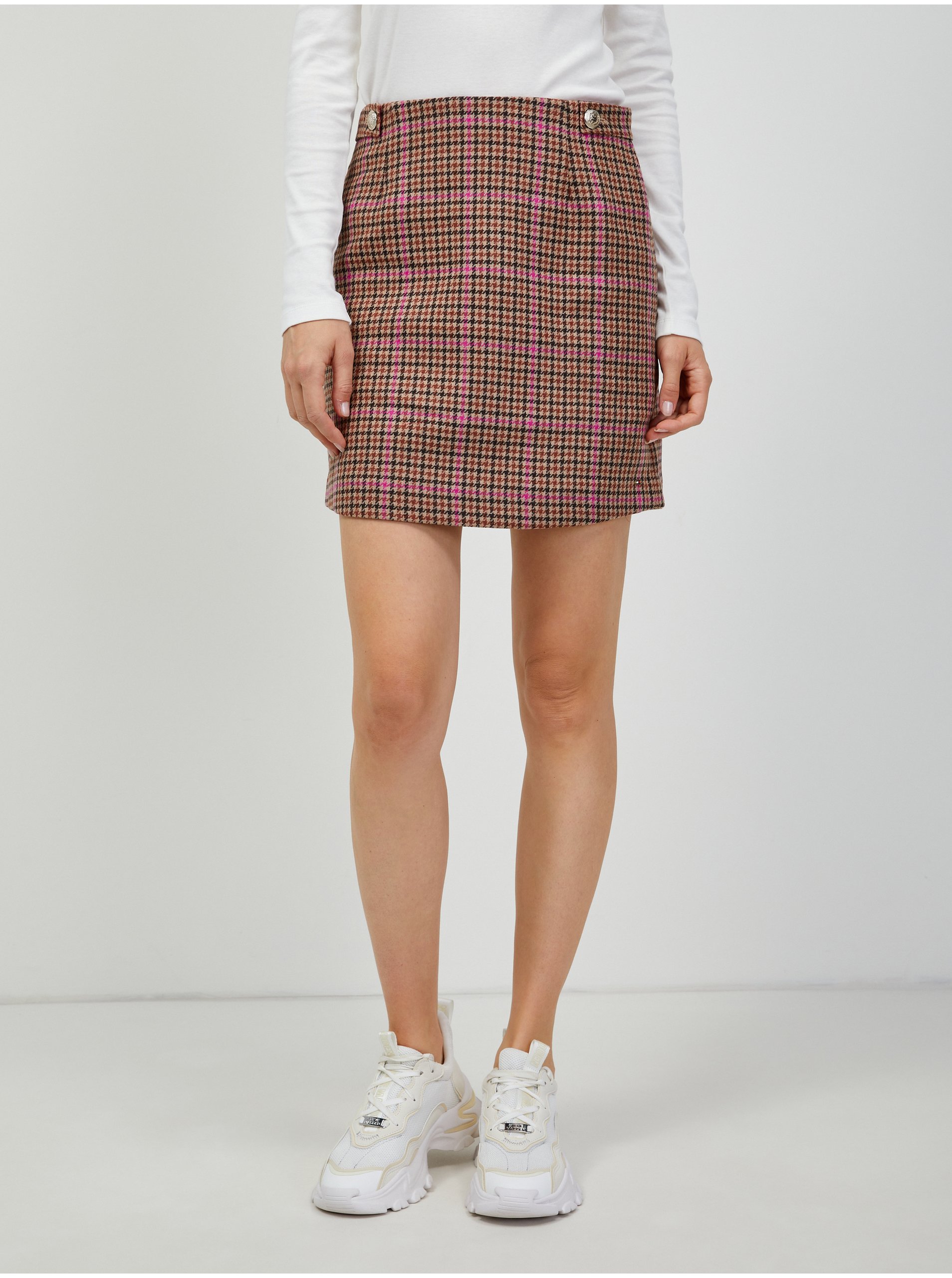 E-shop Hnědá dámská kostkovaná sukně s příměsí vlny Tommy Hilfiger