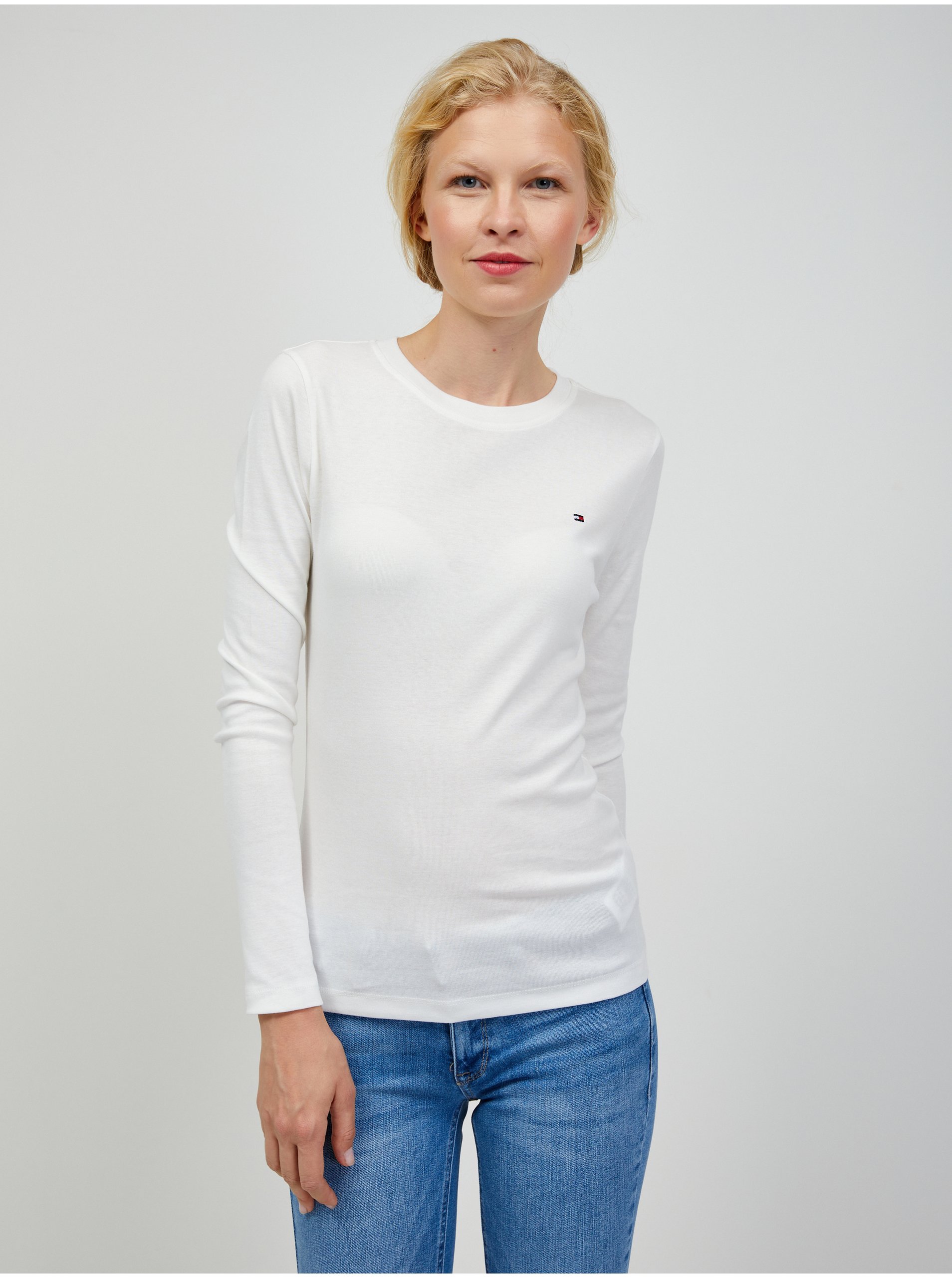 Levně Bílé dámské tričko s dlouhým rukávem Tommy Hilfiger